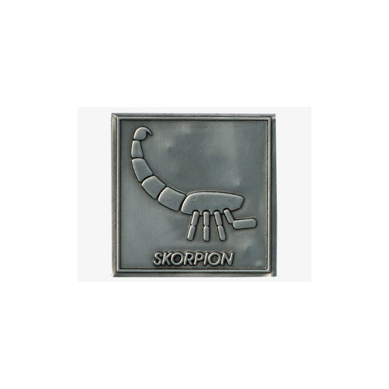 Etichetă de cositor „Scorpion”, pătrată, metal, argintiu