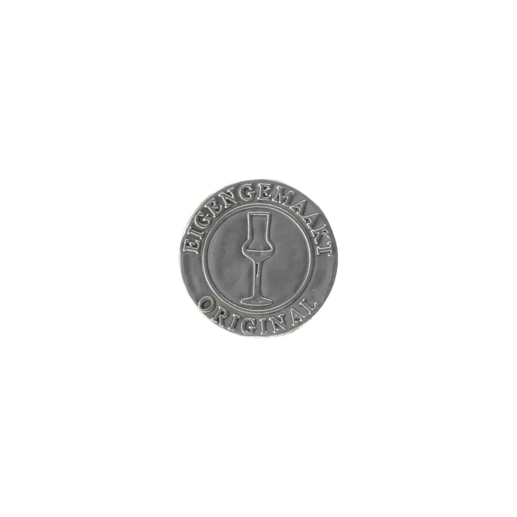 Etichetă de tablă „Eigengemaakt”, rotundă, metal, argintiu
