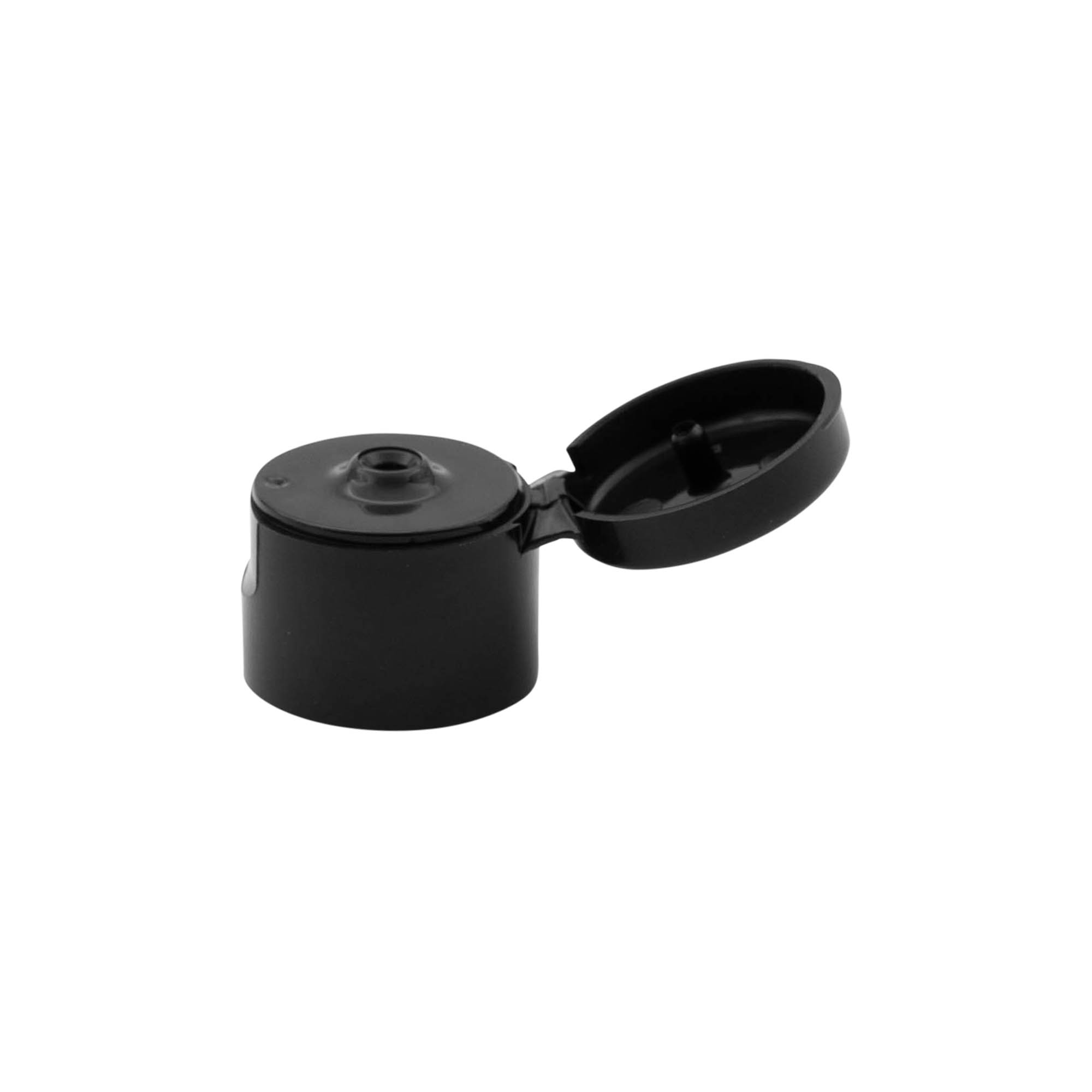 Capac cu filet și balama pliabilă, plastic PP, negru, pentru gură: 20/410 Capac cu filet și balama pliabilă, plastic PP, negru, pentru gură: 20/410