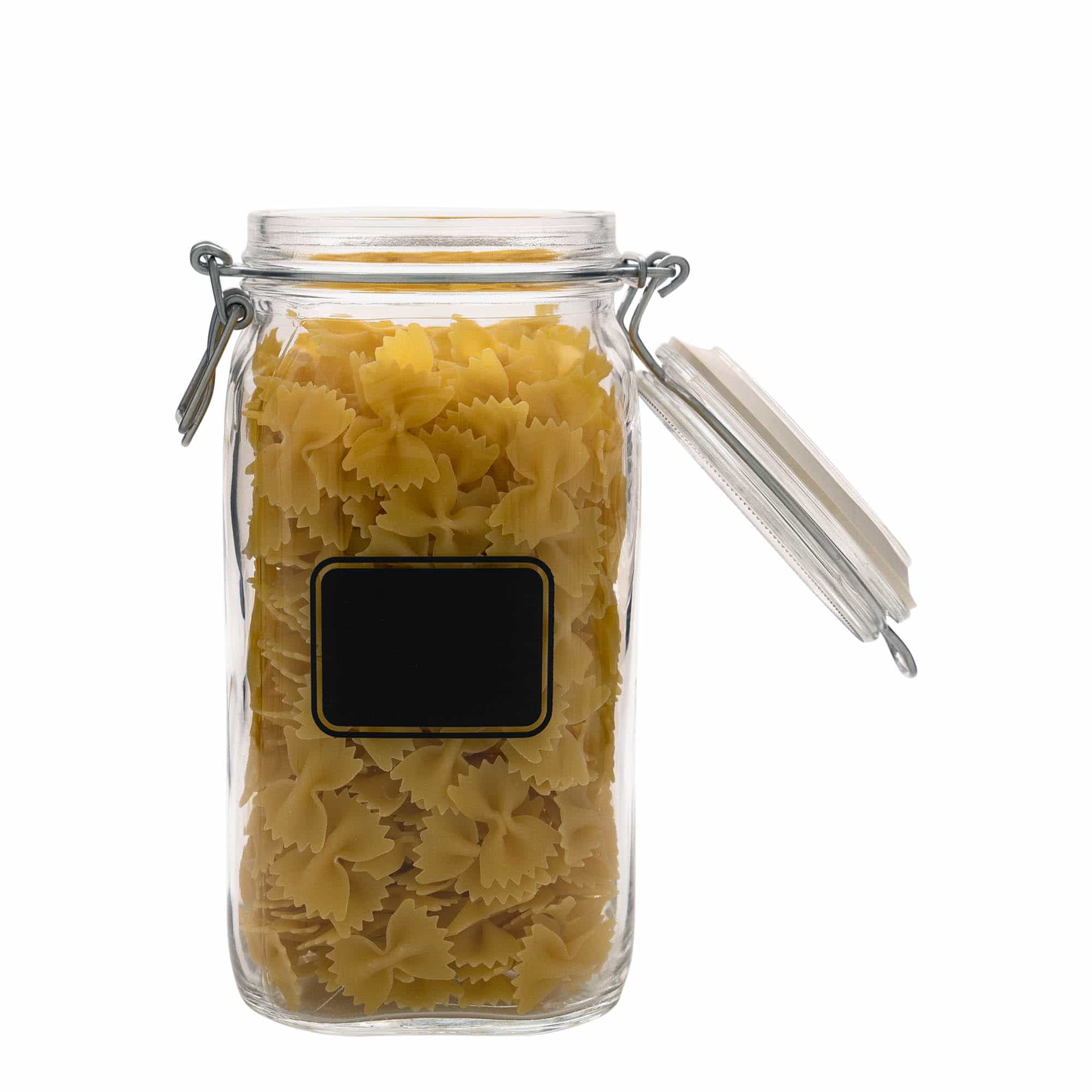 1.500 ml borcan cu clemă metalică „Fido”, motiv: câmp pentru etichetă, pătrat, gura: închidere cu clemă metalică