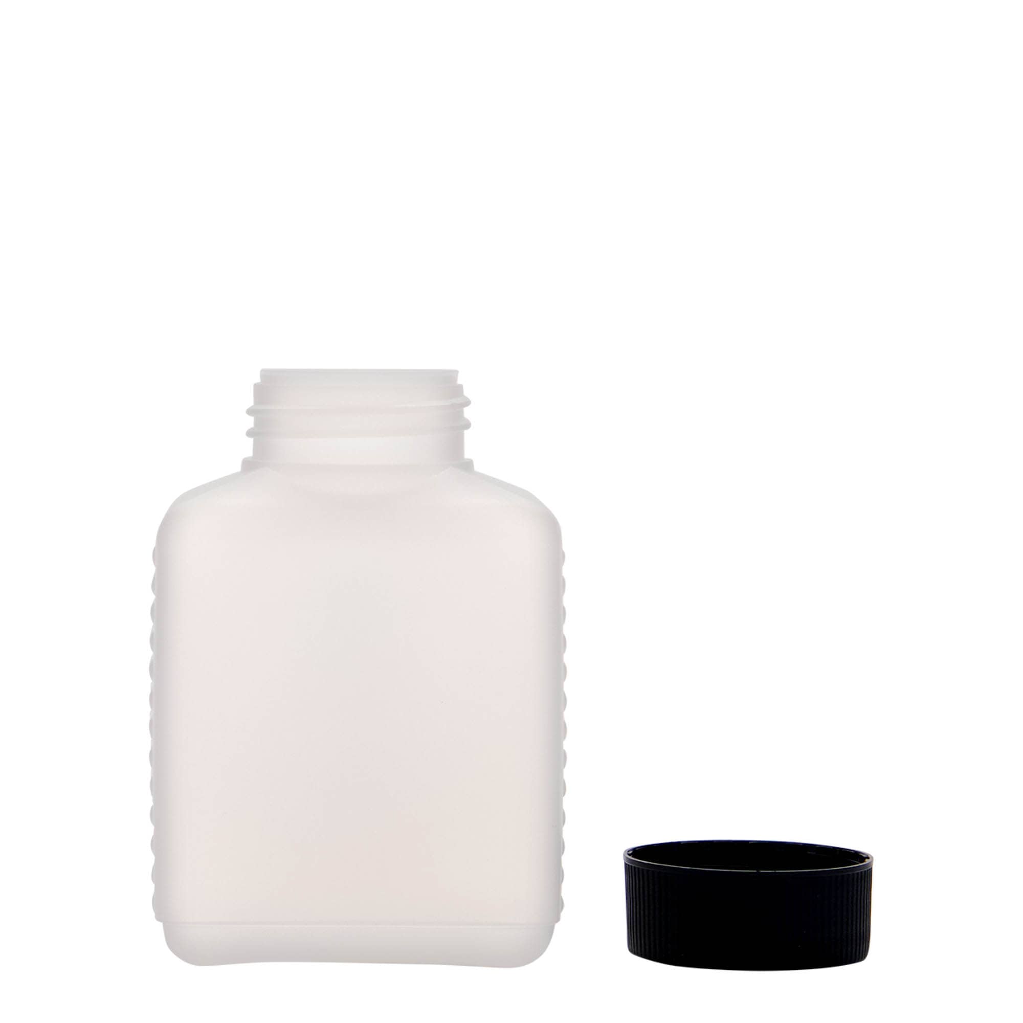 250 ml sticlă cu gât larg, dreptunghiulară, plastic HDPE, natural, gură: DIN 40 EPE