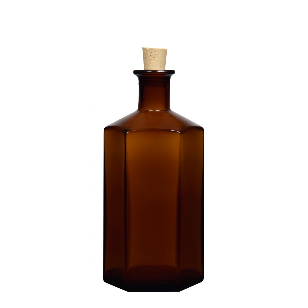 Sticlă de sticlă de 500 ml farmacist 'Jimmy', hexagonală, maro, gura: dop de plută