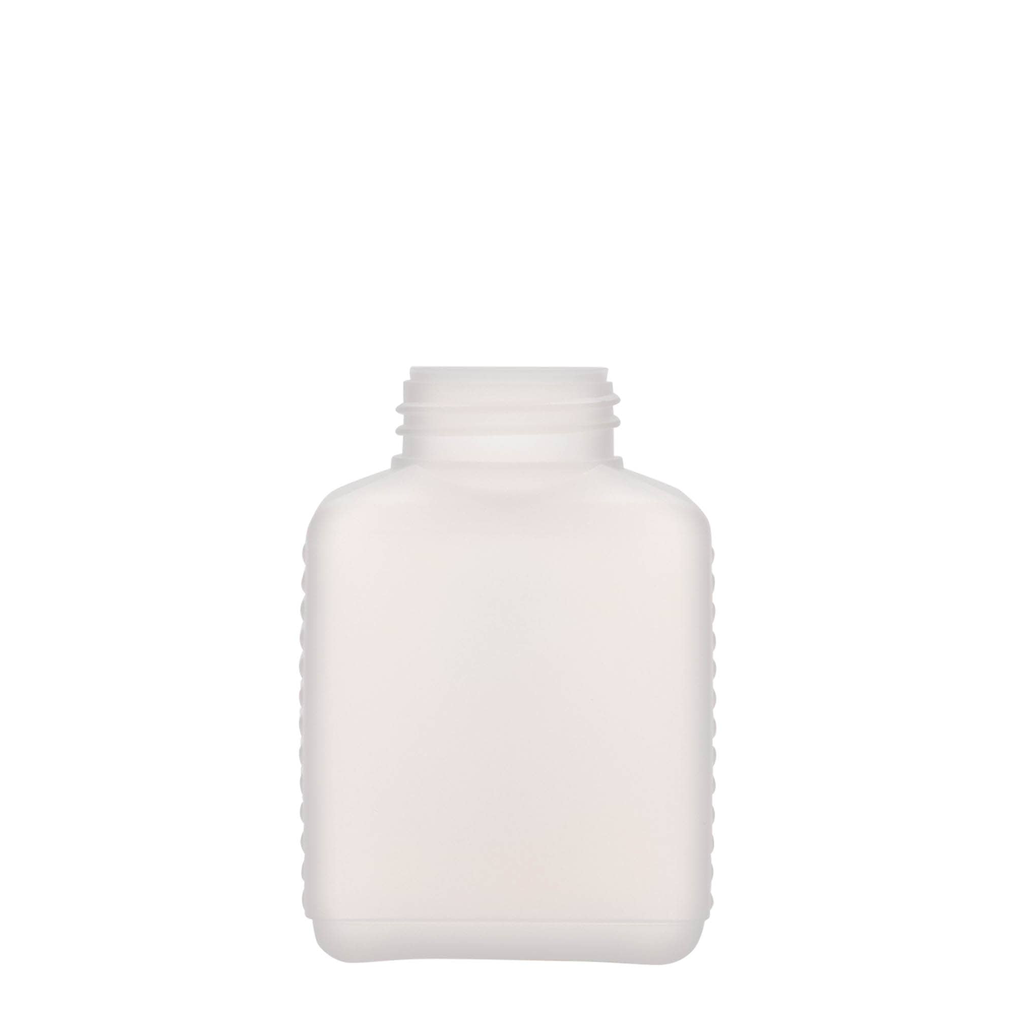 250 ml sticlă cu gât larg, dreptunghiulară, plastic HDPE, natural, gură: DIN 40 EPE