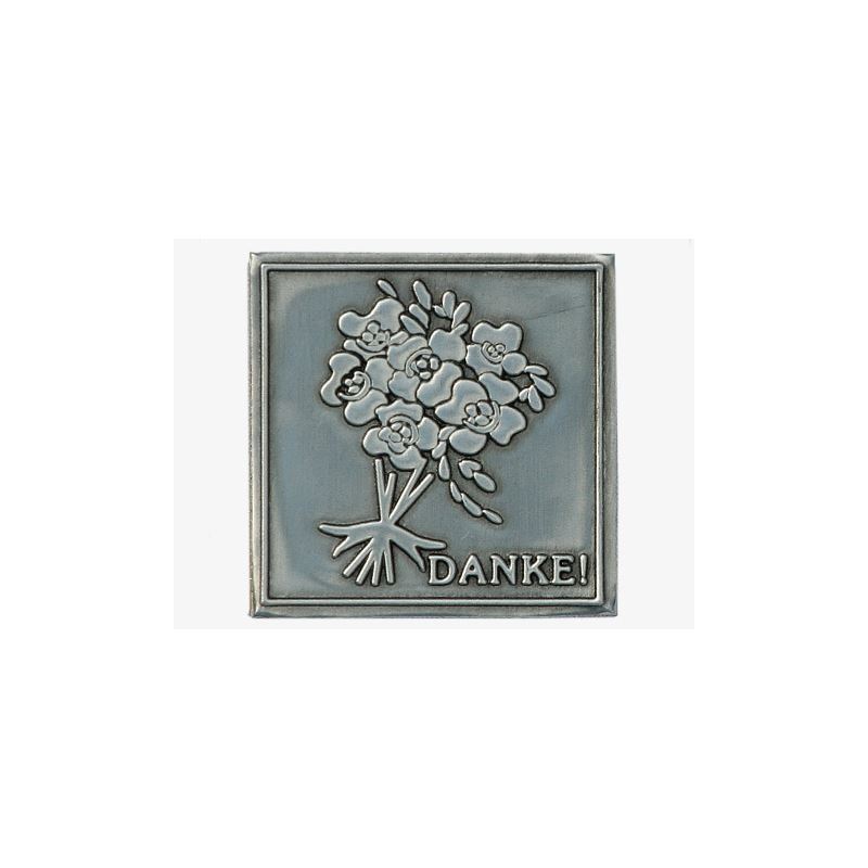 Etichetă din tablă „Mulțumesc”, pătrată, metal, argintiu