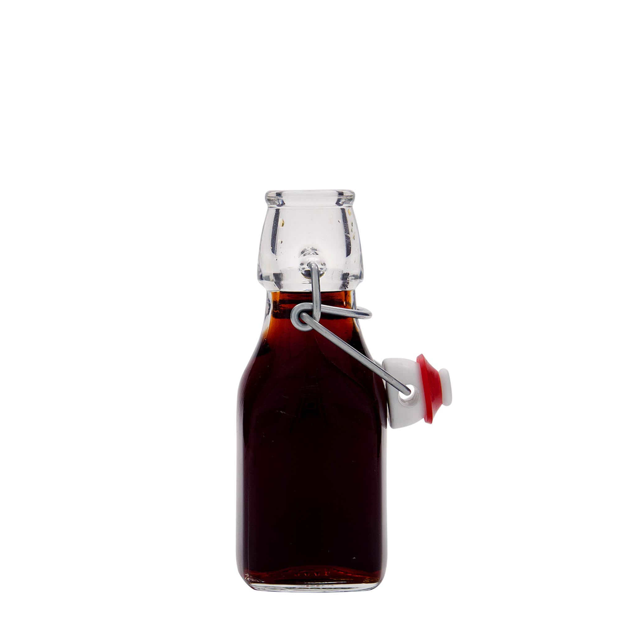 Sticlă de sticlă de 125 ml „Swing”, pătrată, gât: închidere cu clemă Sticlă de sticlă de 125 ml „Swing”, pătrată, gât: închidere cu clemă