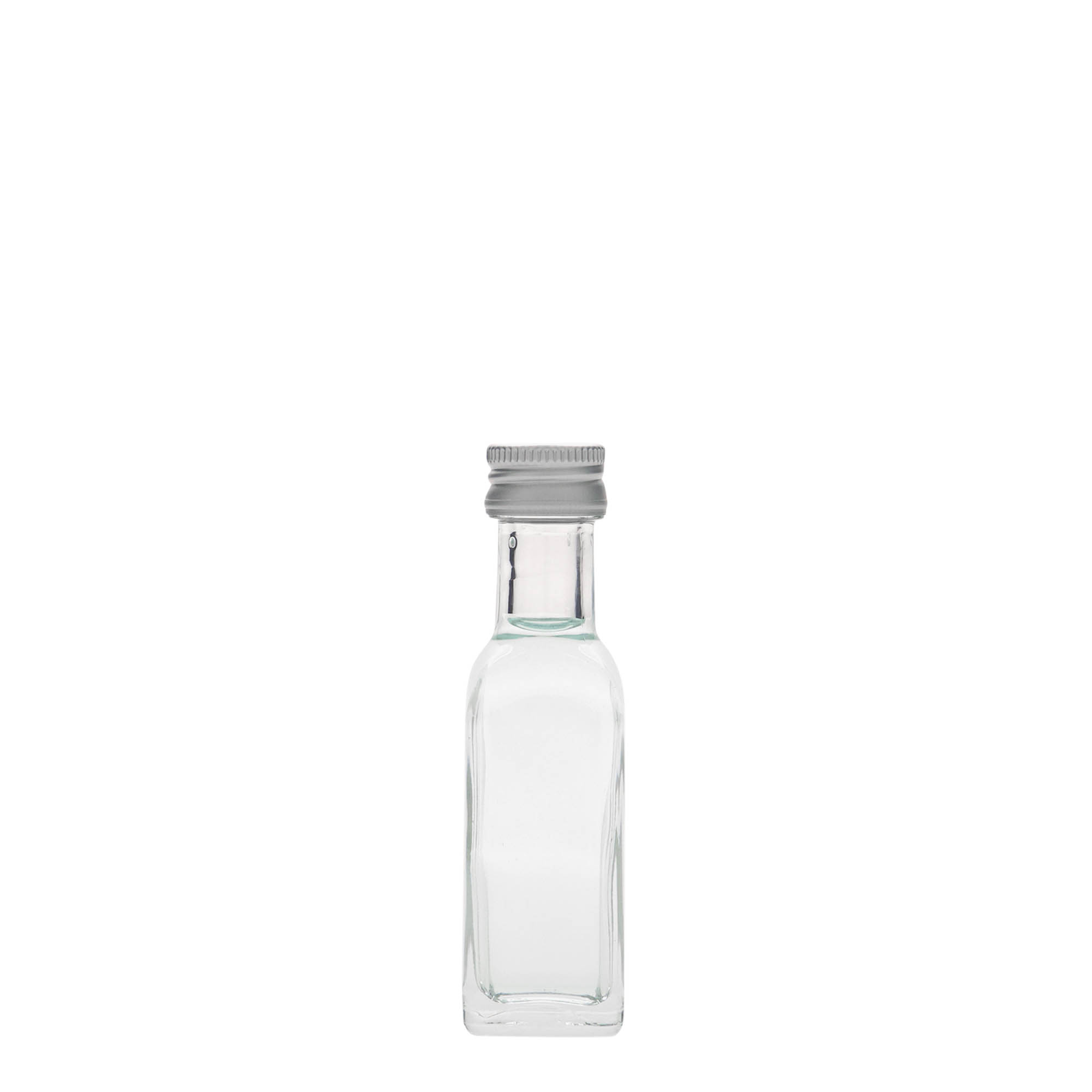 Sticlă de 20 ml din sticlă „Marasca”, pătrată, gura: PP 18 Sticlă de 20 ml din sticlă „Marasca”, pătrată, gura: PP 18