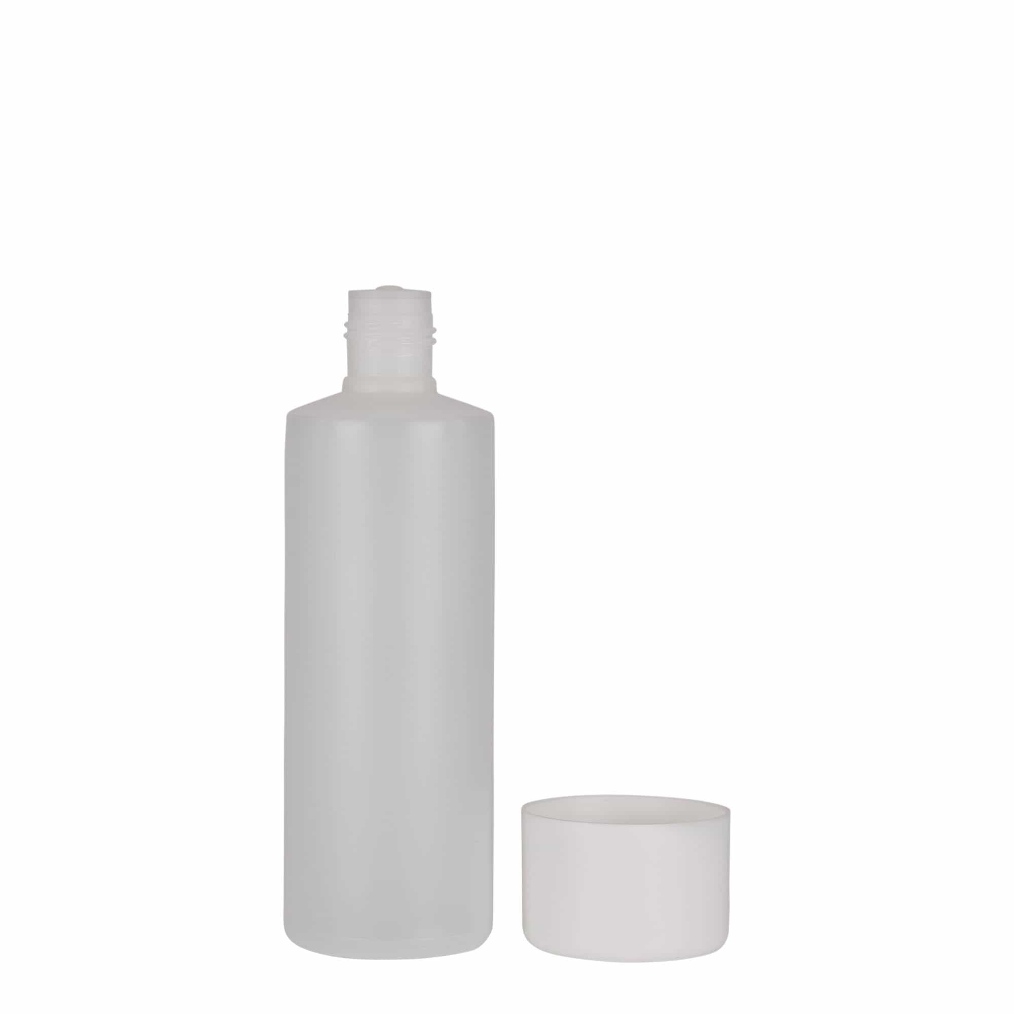 200 ml sticlă rotundă, plastic PE, natural, gura: capac cu filet