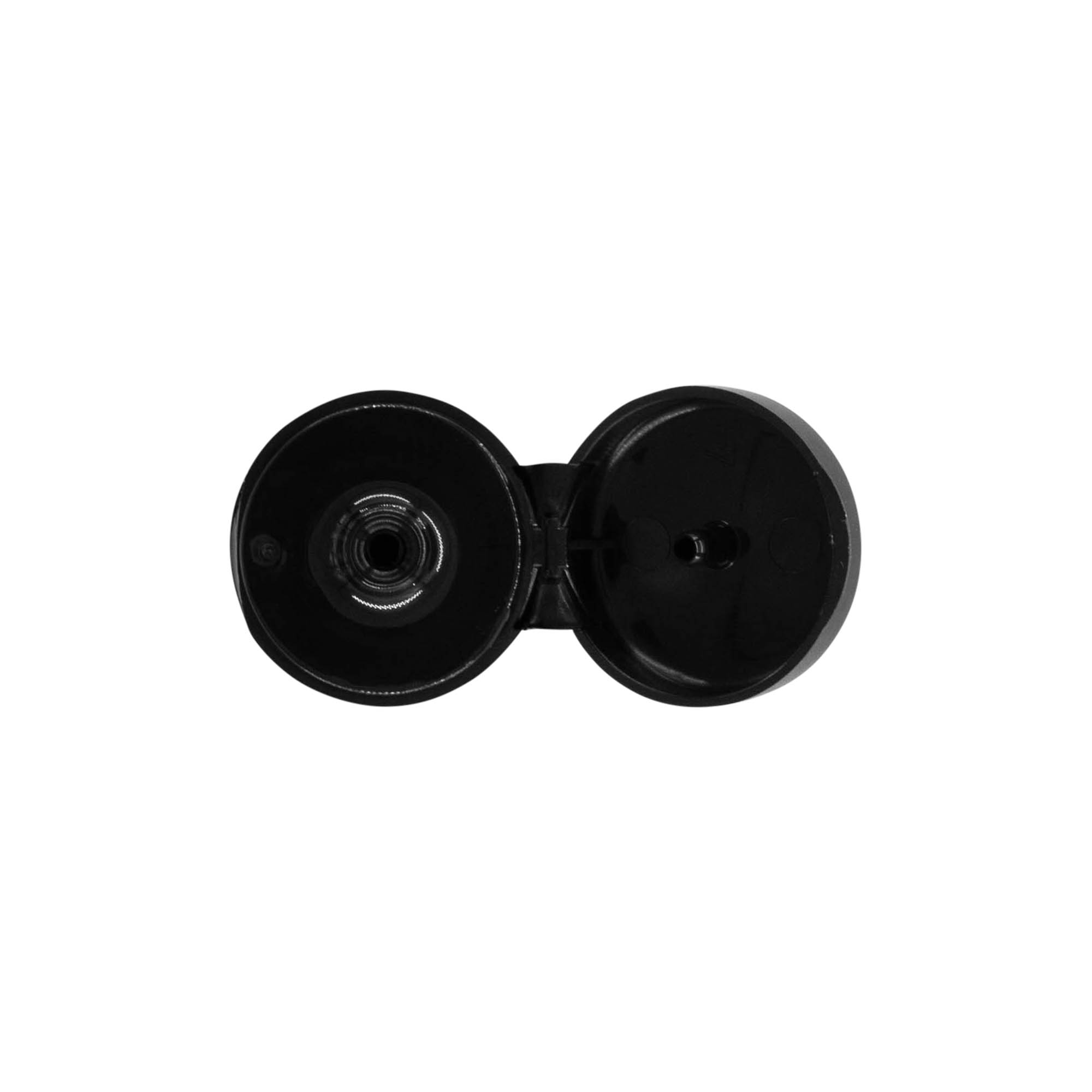 Capac cu filet și balama pliabilă, plastic PP, negru, pentru gură: 20/410 Capac cu filet și balama pliabilă, plastic PP, negru, pentru gură: 20/410