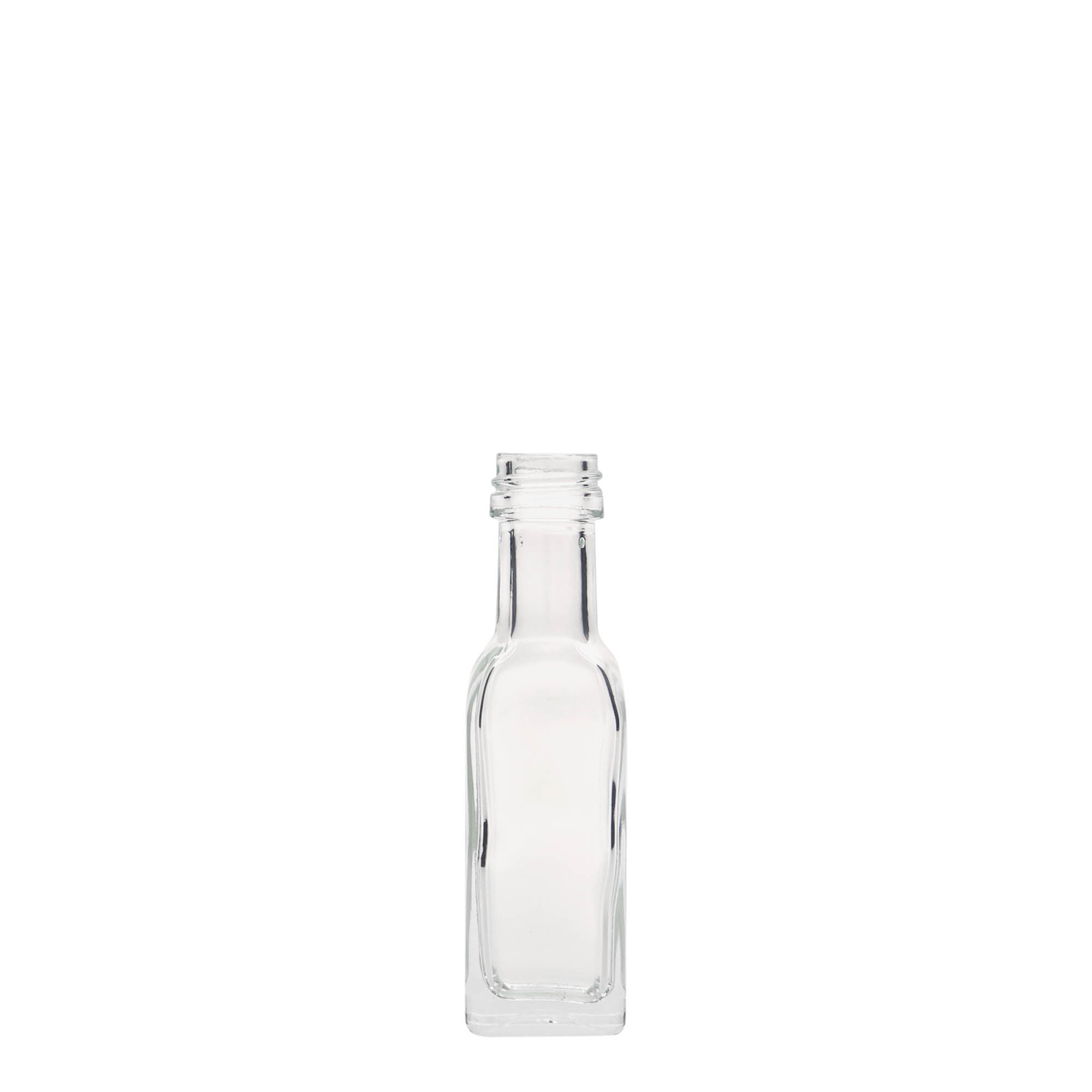Sticlă de 20 ml din sticlă „Marasca”, pătrată, gura: PP 18 Sticlă de 20 ml din sticlă „Marasca”, pătrată, gura: PP 18