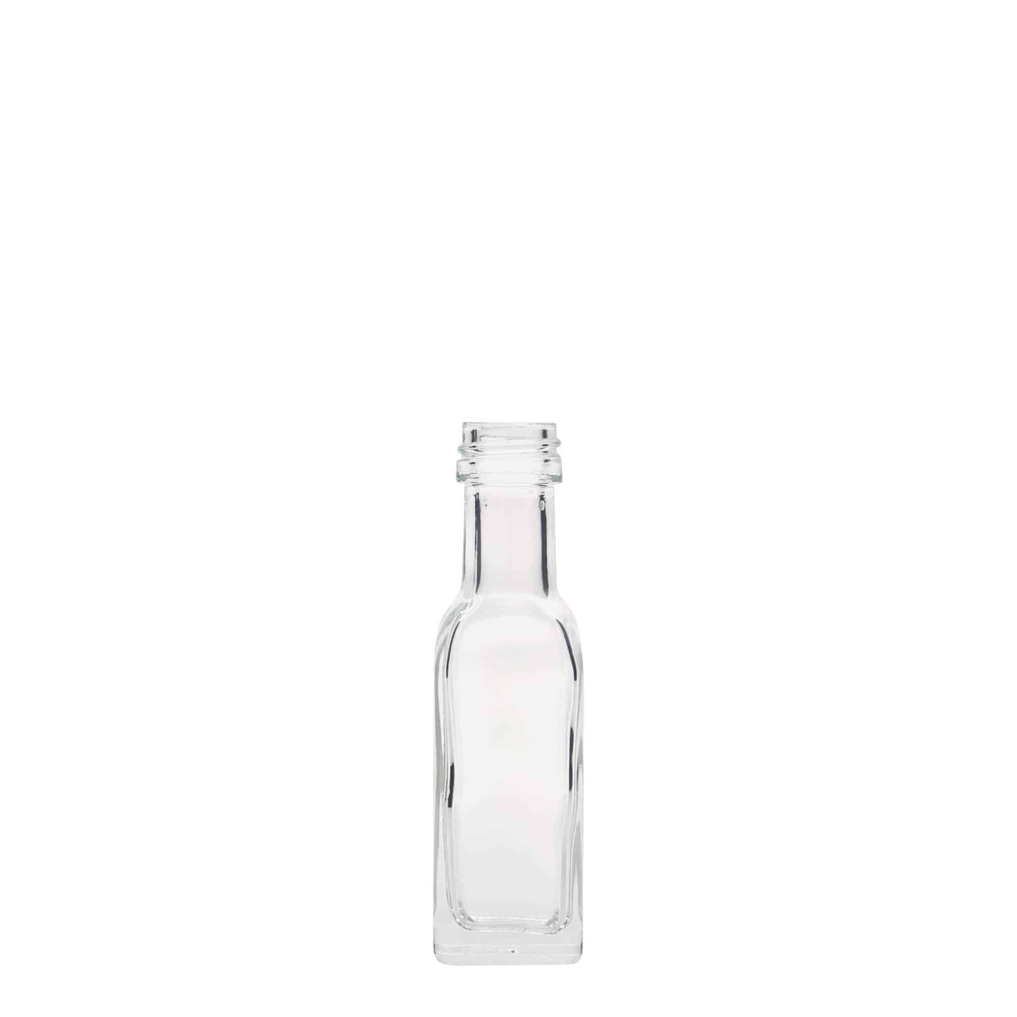 Sticlă de 20 ml din sticlă „Marasca”, pătrată, gura: PP 18