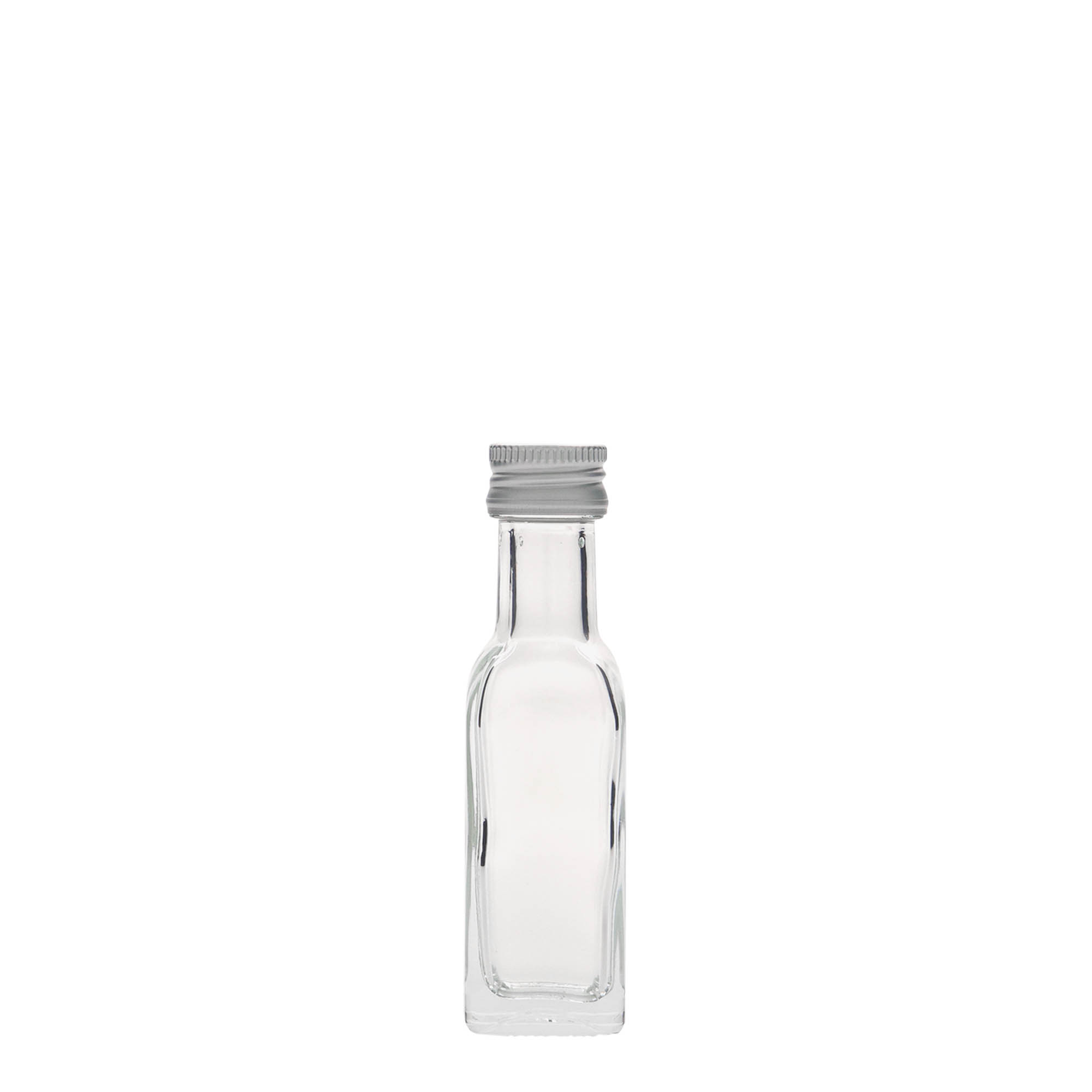 Sticlă de 20 ml din sticlă „Marasca”, pătrată, gura: PP 18 Sticlă de 20 ml din sticlă „Marasca”, pătrată, gura: PP 18