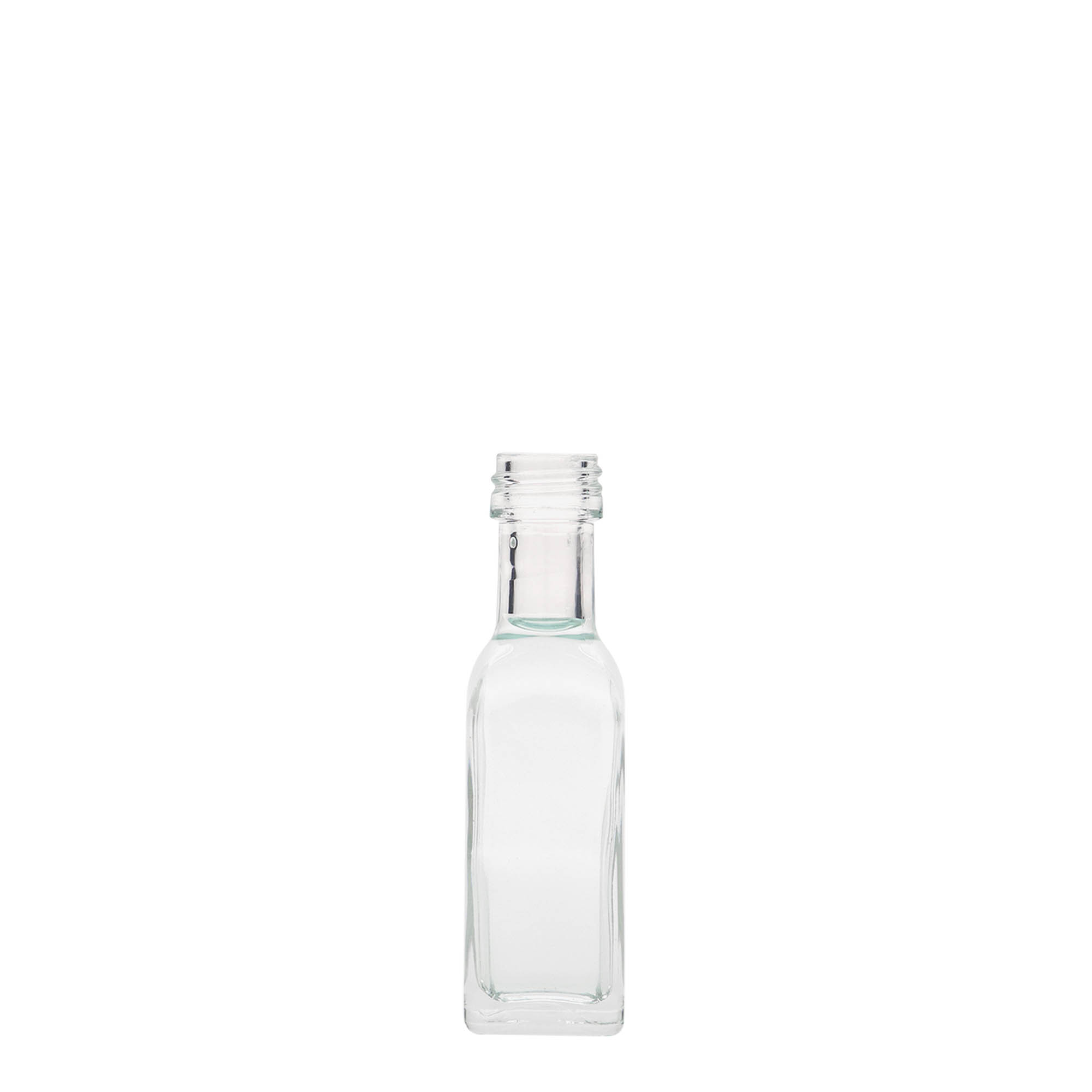 Sticlă de 20 ml din sticlă „Marasca”, pătrată, gura: PP 18 Sticlă de 20 ml din sticlă „Marasca”, pătrată, gura: PP 18