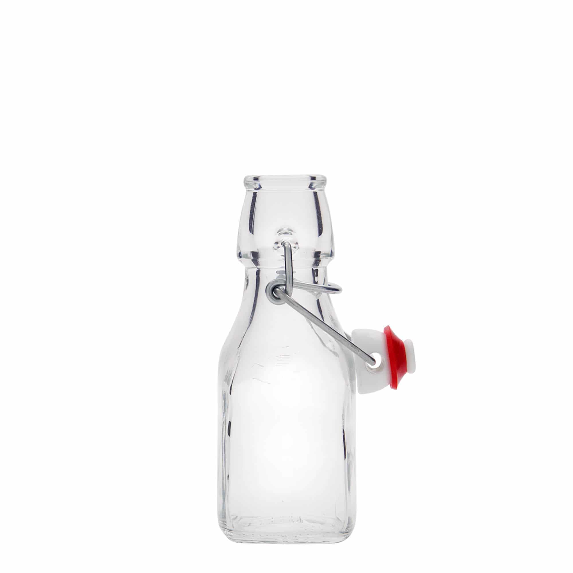 Sticlă de sticlă de 125 ml „Swing”, pătrată, gât: închidere cu clemă Sticlă de sticlă de 125 ml „Swing”, pătrată, gât: închidere cu clemă