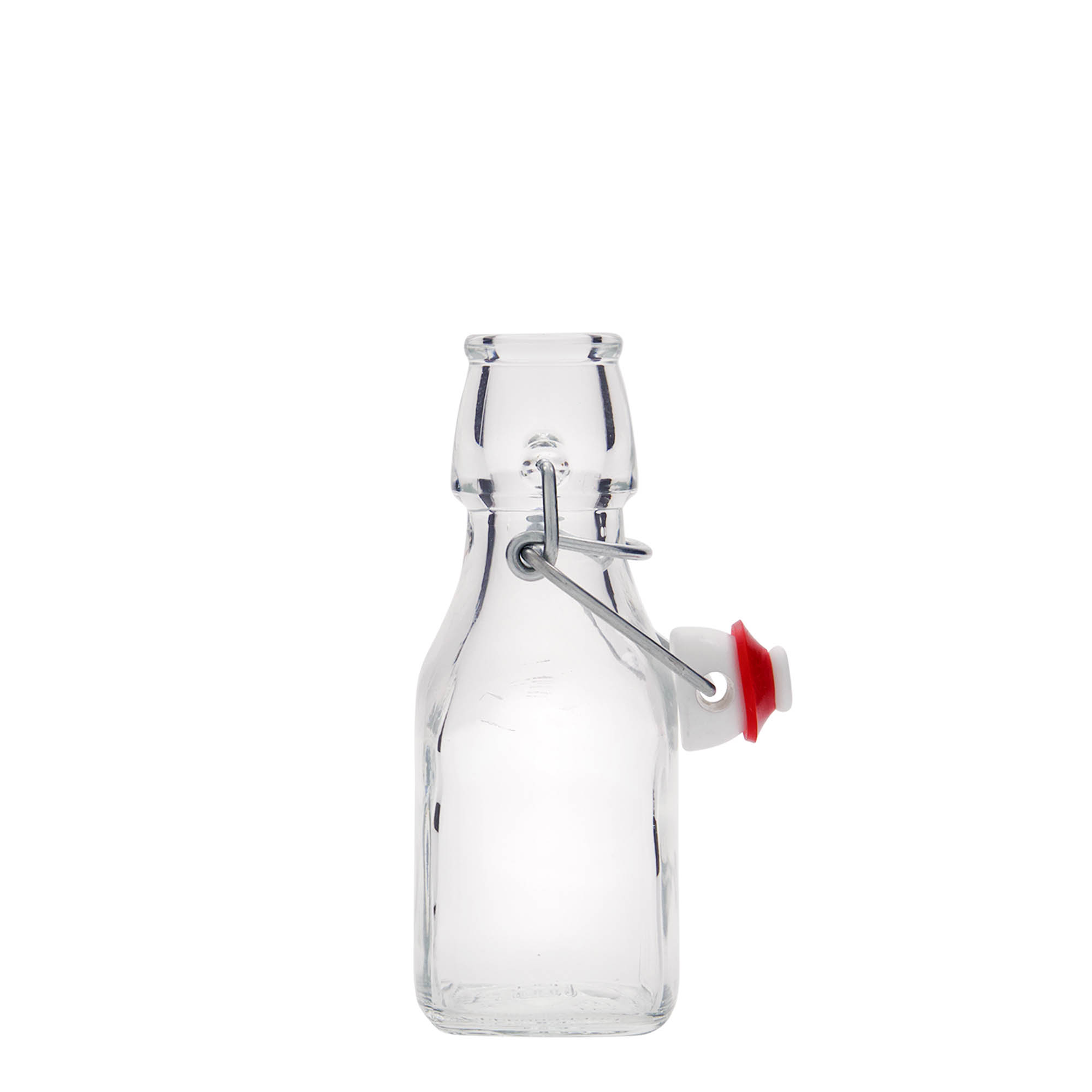 Sticlă de sticlă de 125 ml „Swing”, pătrată, gât: închidere cu clemă Sticlă de sticlă de 125 ml „Swing”, pătrată, gât: închidere cu clemă