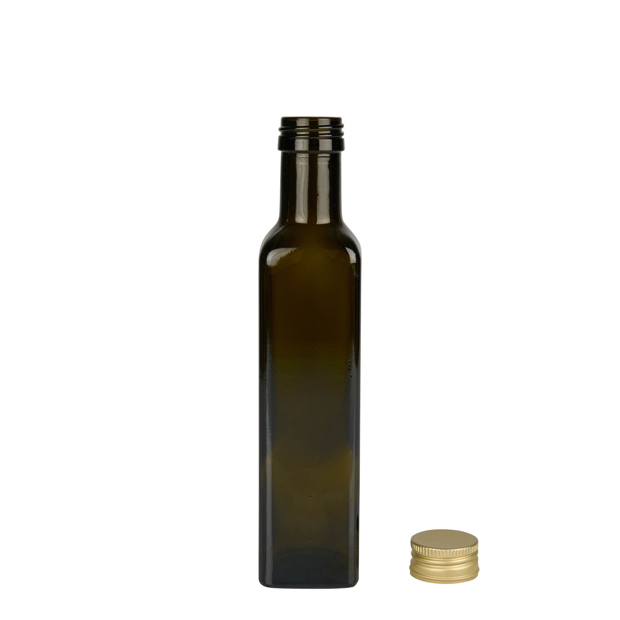 Sticlă de sticlă de 250 ml „Marasca”, pătrată, verde antic, gura: PP 31,5 Sticlă de sticlă de 250 ml „Marasca”, pătrată, verde antic, gura: PP 31,5