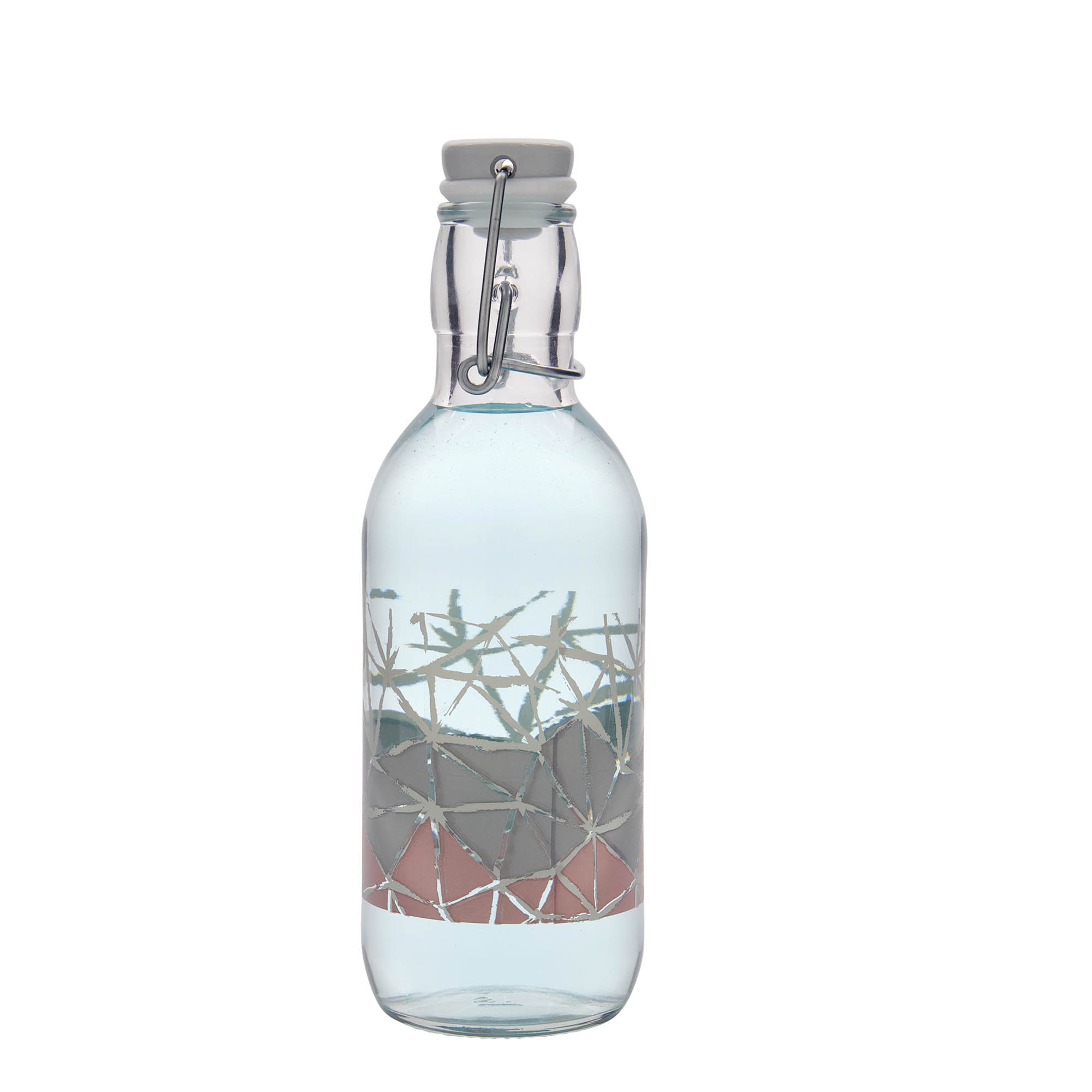 Sticlă de sticlă de 500 ml Emilia imprimată „Manolibera rosa”, gura: închidere cu clemă Sticlă de sticlă de 500 ml Emilia imprimată „Manolibera rosa”, gura: închidere cu clemă