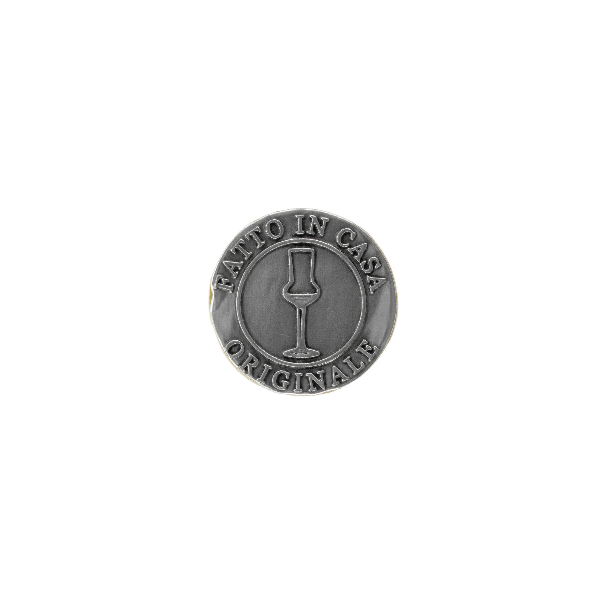 Etichetă de cositor „Fatto in Casa”, rotundă, metal, argintiu Etichetă de cositor „Fatto in Casa”, rotundă, metal, argintiu