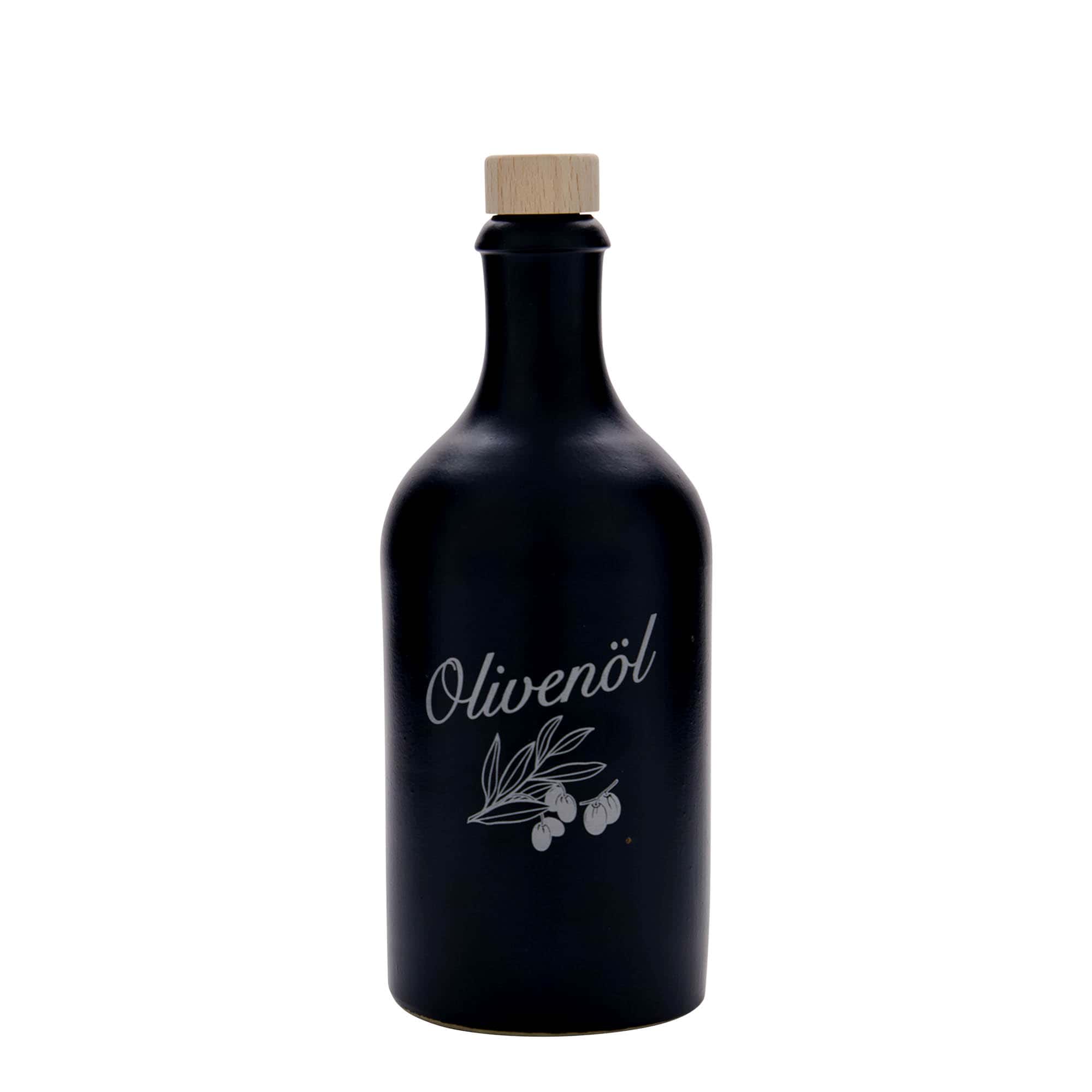 Ton de lut 500 ml, motiv: ulei de măsline, ceramică, negru, gură: dop de plută
