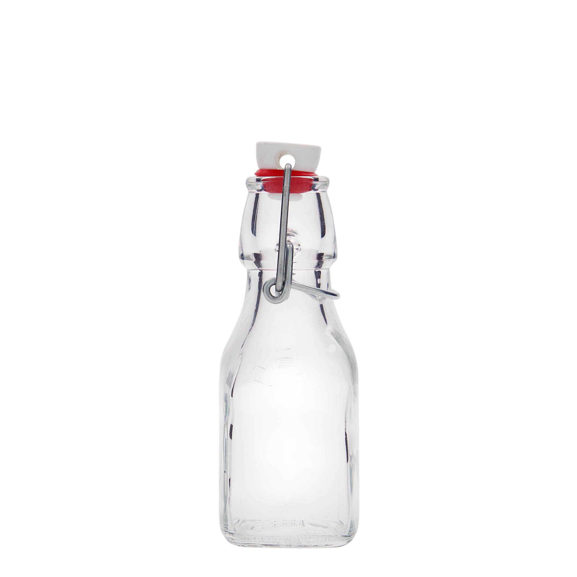 Sticlă de sticlă de 125 ml „Swing”, pătrată, gât: închidere cu clemă Sticlă de sticlă de 125 ml „Swing”, pătrată, gât: închidere cu clemă