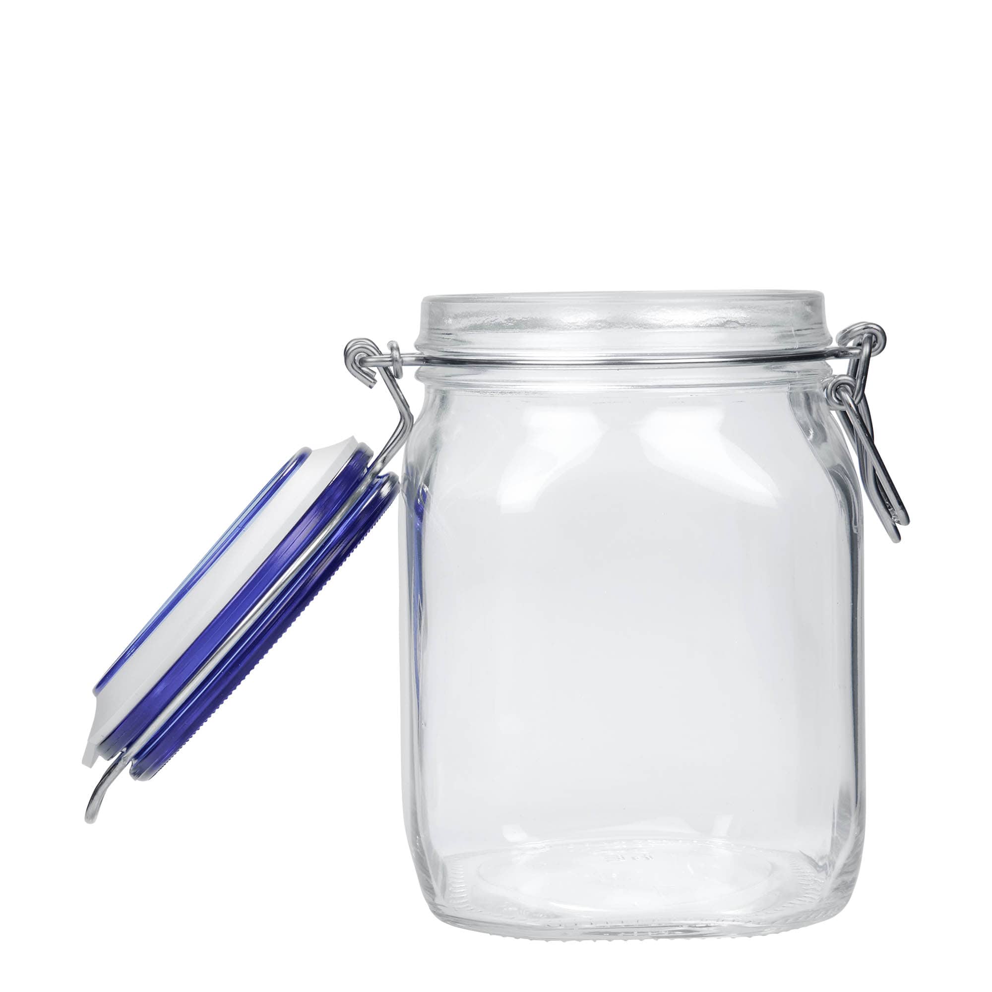 1.000 ml borcan cu clemă metalică „Fido” capac albastru, pătrat, gură: închidere cu clemă metalică 1.000 ml borcan cu clemă metalică „Fido” capac albastru, pătrat, gură: închidere cu clemă metalică