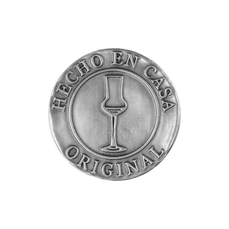 Etichetă de cositor „Hecho en Casa”, rotundă, metal, argintiu