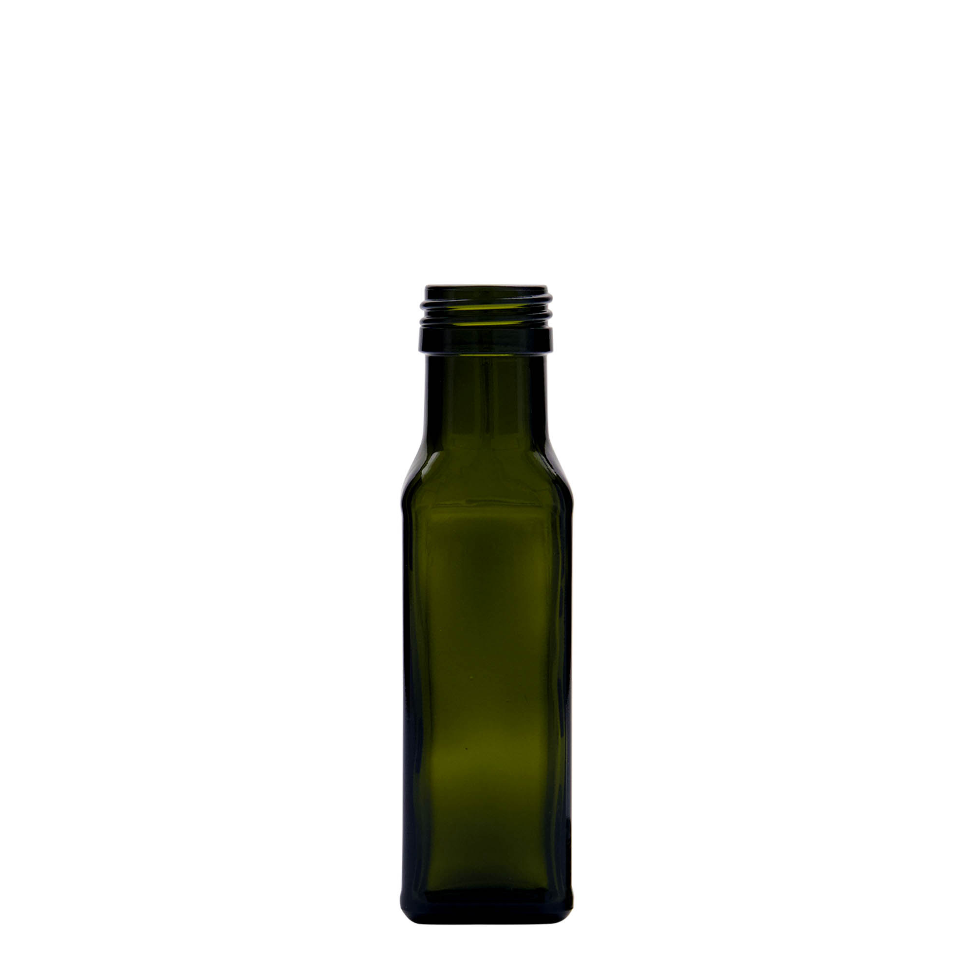 Sticlă de sticlă de 100 ml „Marasca”, pătrată, verde antic, gura: PP 31,5 Sticlă de sticlă de 100 ml „Marasca”, pătrată, verde antic, gura: PP 31,5