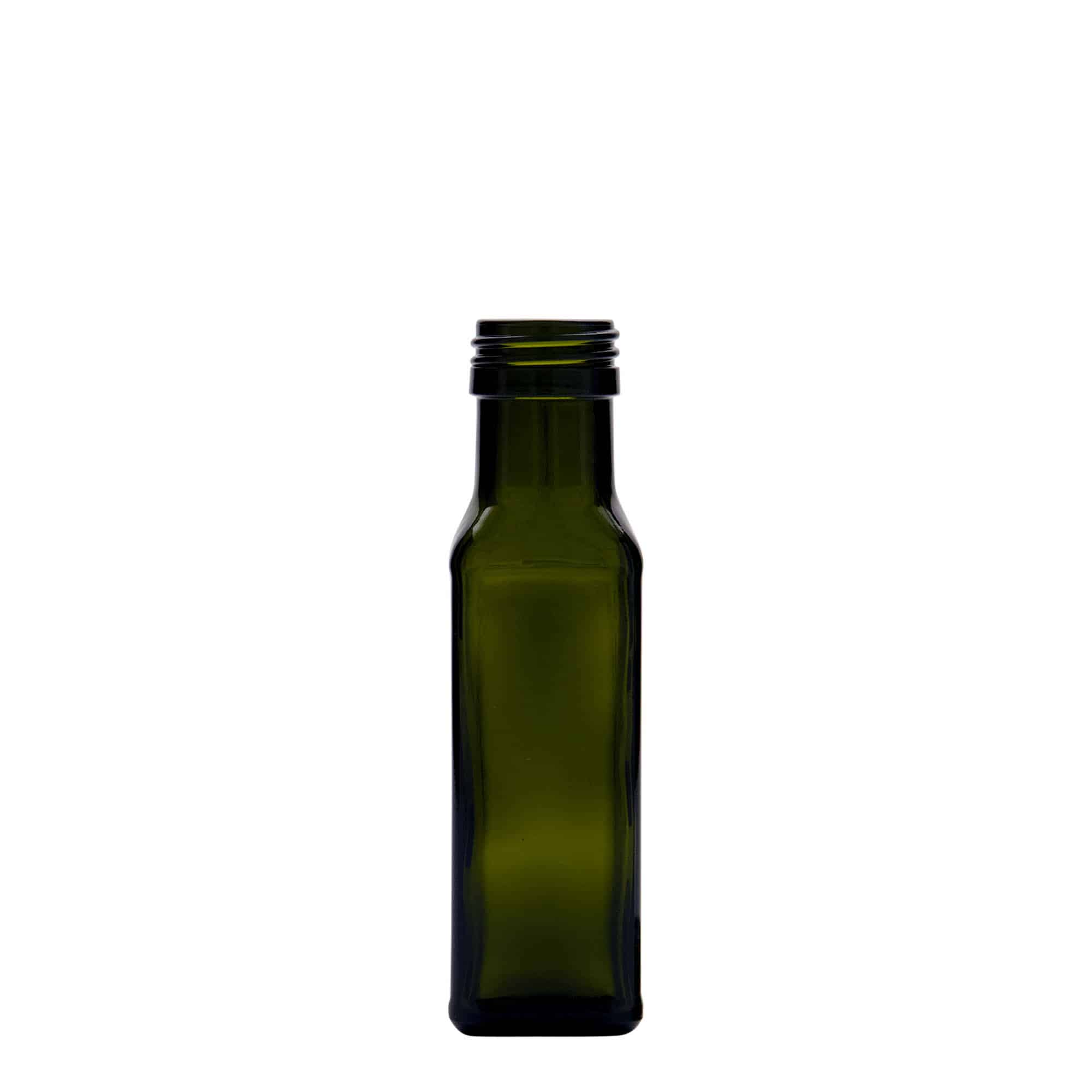 Sticlă de sticlă de 100 ml „Marasca”, pătrată, verde antic, gura: PP 31,5
