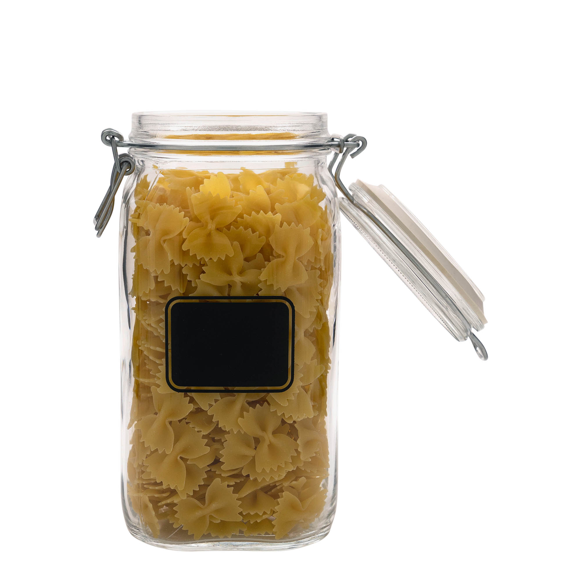 1.500 ml borcan cu clemă metalică „Fido”, motiv: câmp pentru etichetă, pătrat, gura: închidere cu clemă metalică