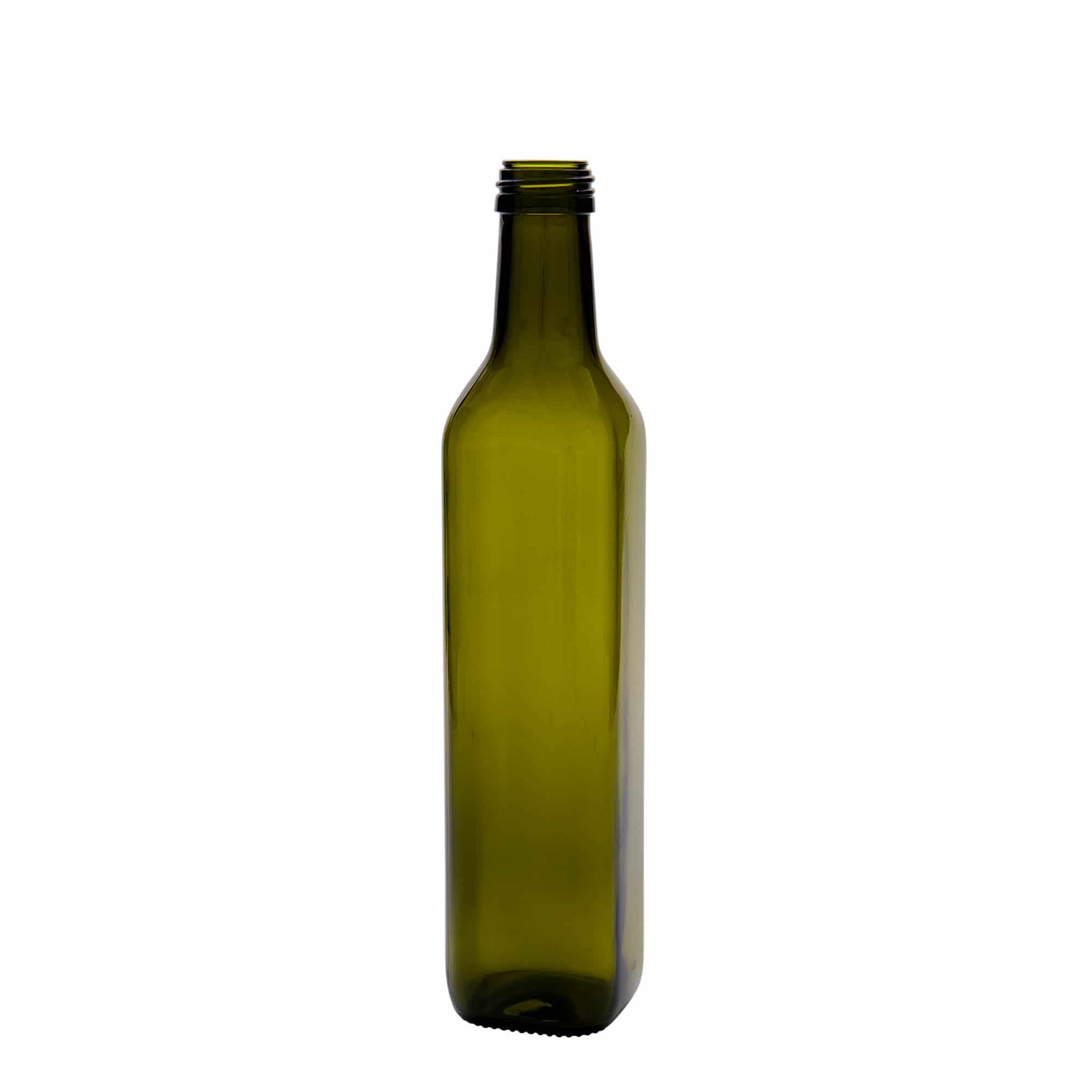 Sticlă de sticlă de 500 ml „Marasca”, pătrată, verde antic, gura: PP 31,5