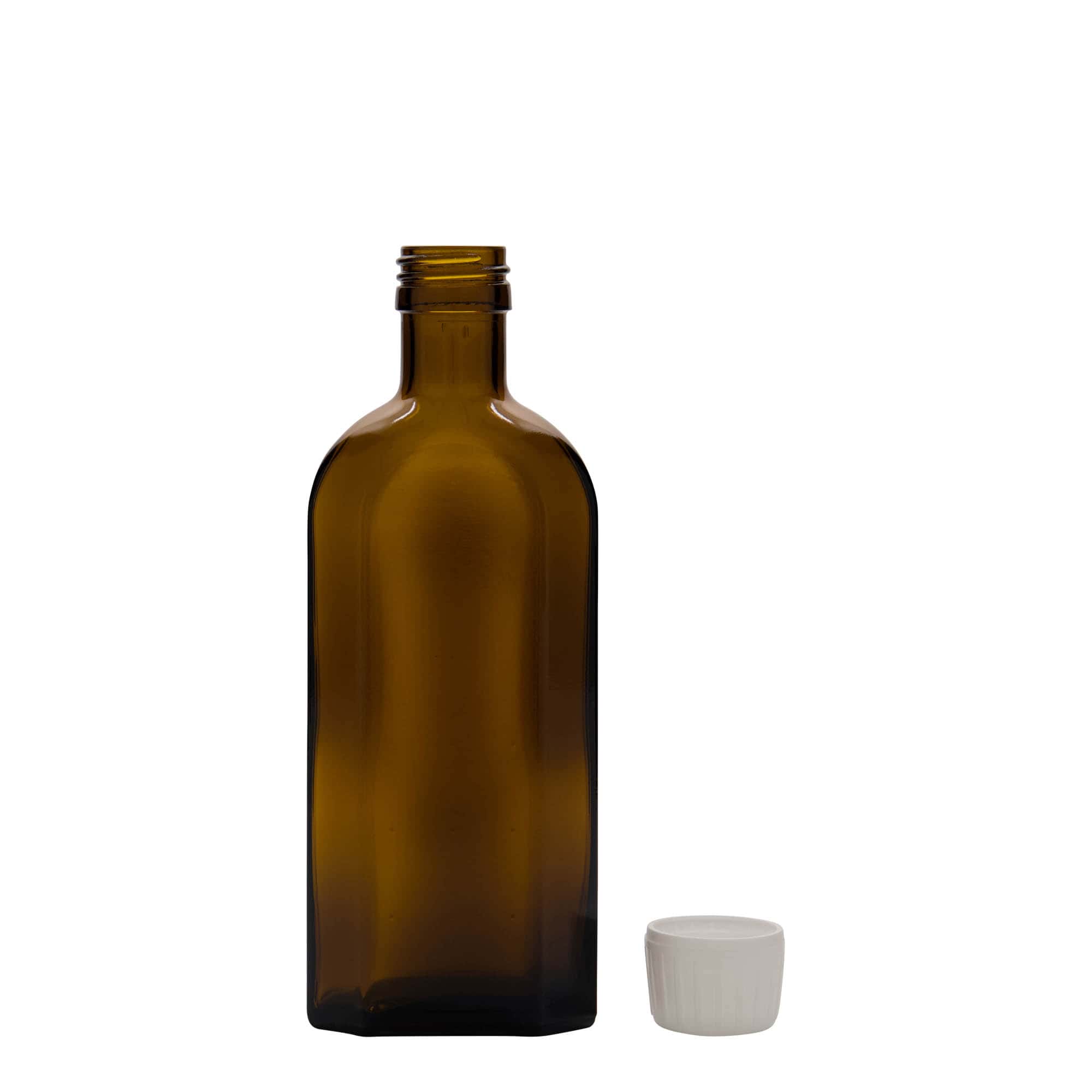 250 ml sticlă medicală Meplat, ovală, sticlă, maro, gura: PP 28