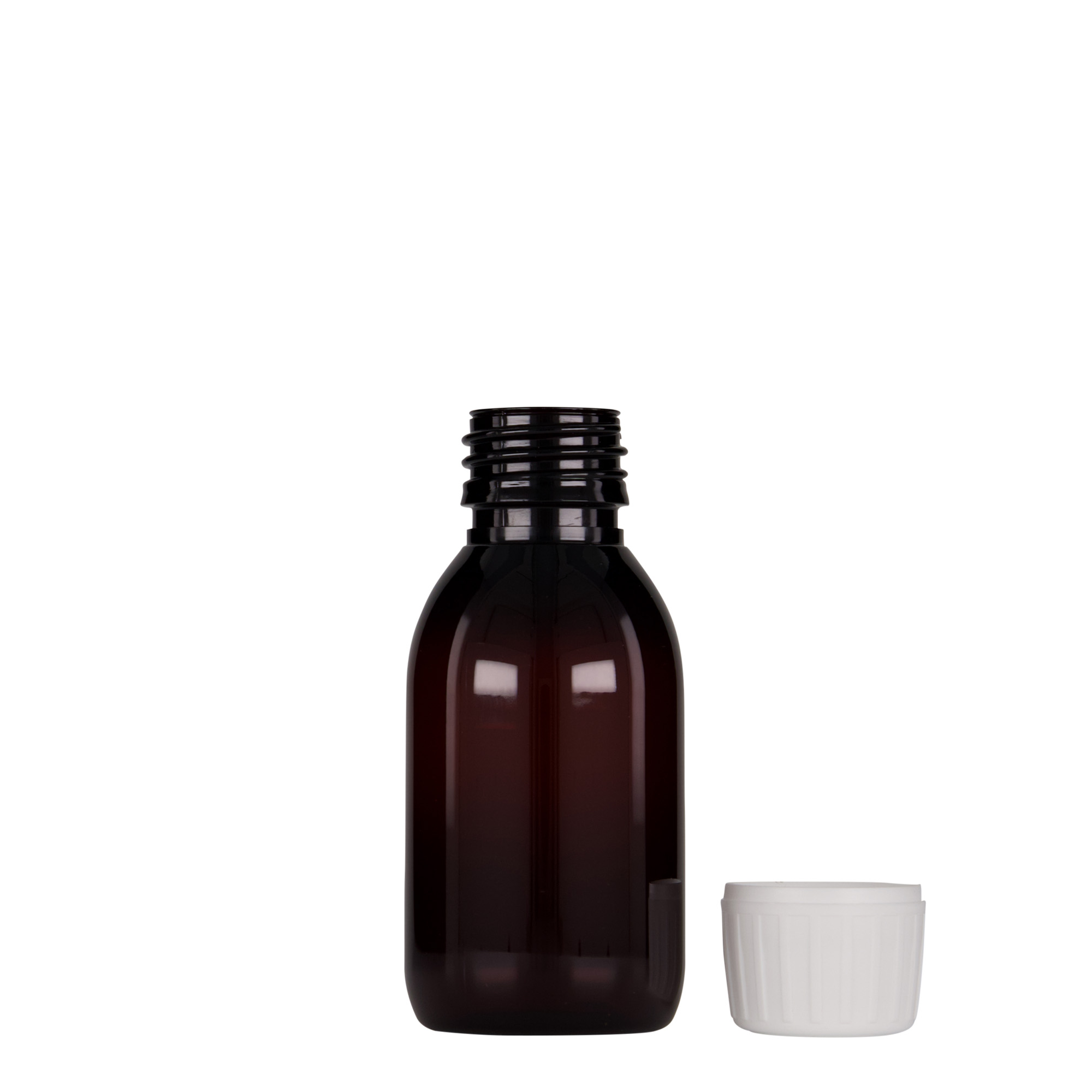 100 ml sticlă medicală PET, maro, plastic, gura: PP 28 100 ml sticlă medicală PET, maro, plastic, gura: PP 28