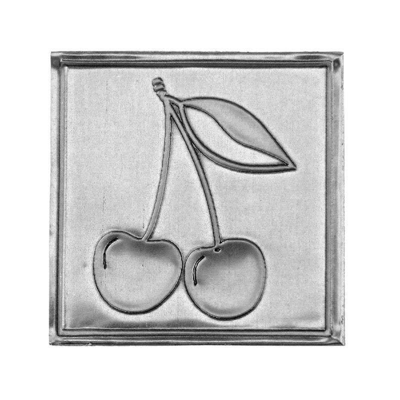 Etichetă de cositor „Cireașă”, pătrată, metal, argintiu