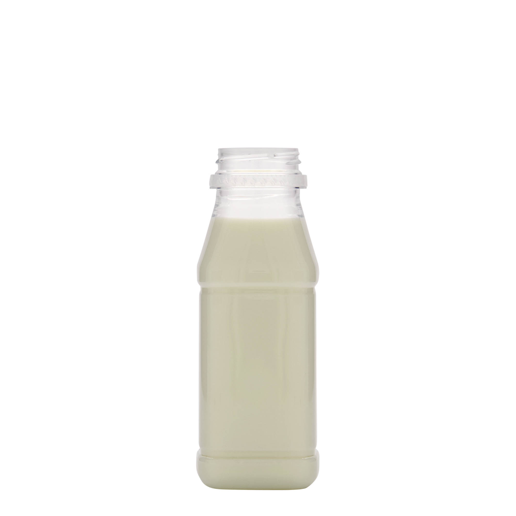 Sticlă PET de 250 ml „Milk and Juice Carré”, pătrată, din plastic, gât: 38 mm Sticlă PET de 250 ml „Milk and Juice Carré”, pătrată, din plastic, gât: 38 mm