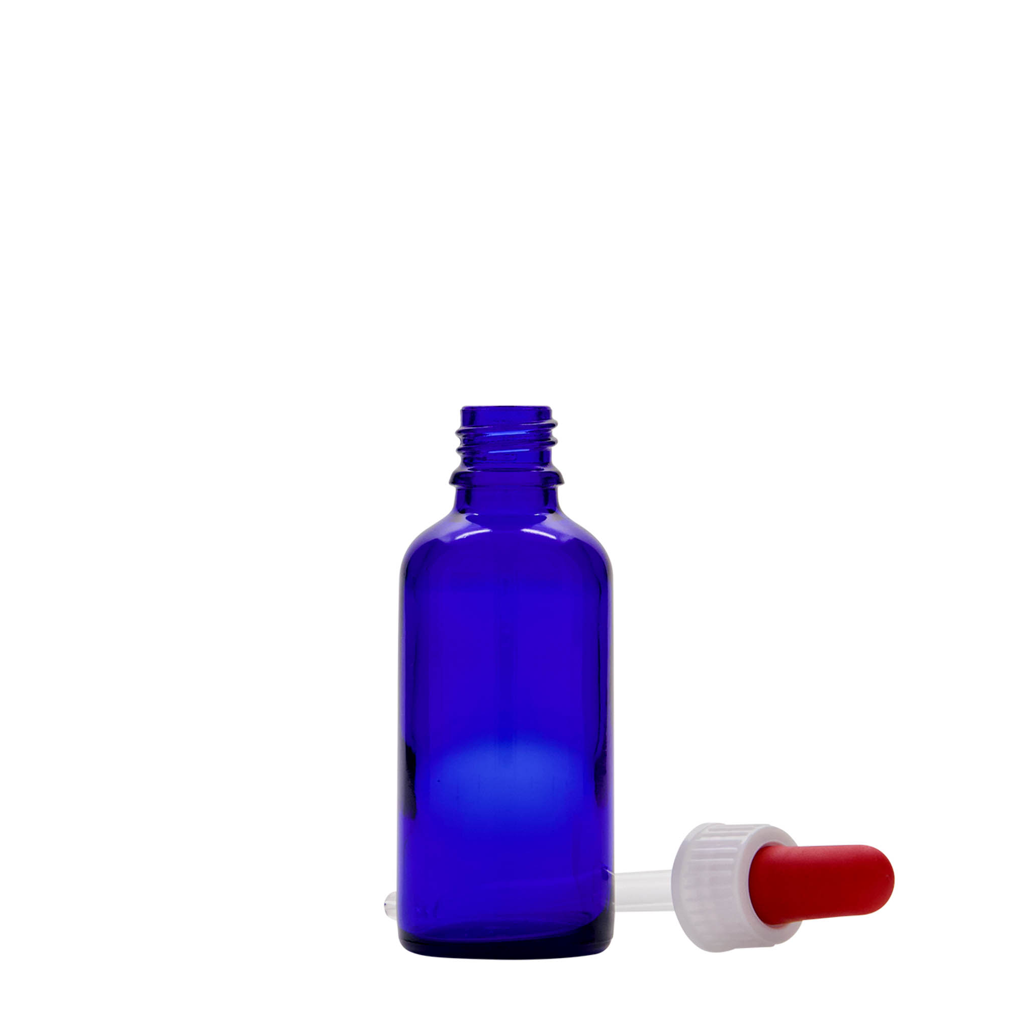 Flacon cu pipetă 50 ml, medicină, sticlă, albastru regal-roșu, gura: DIN 18 Flacon cu pipetă 50 ml, medicină, sticlă, albastru regal-roșu, gura: DIN 18