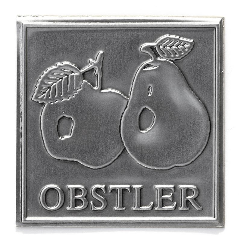 Etichetă de staniu „Obstler”, pătrată, metal, argintiu