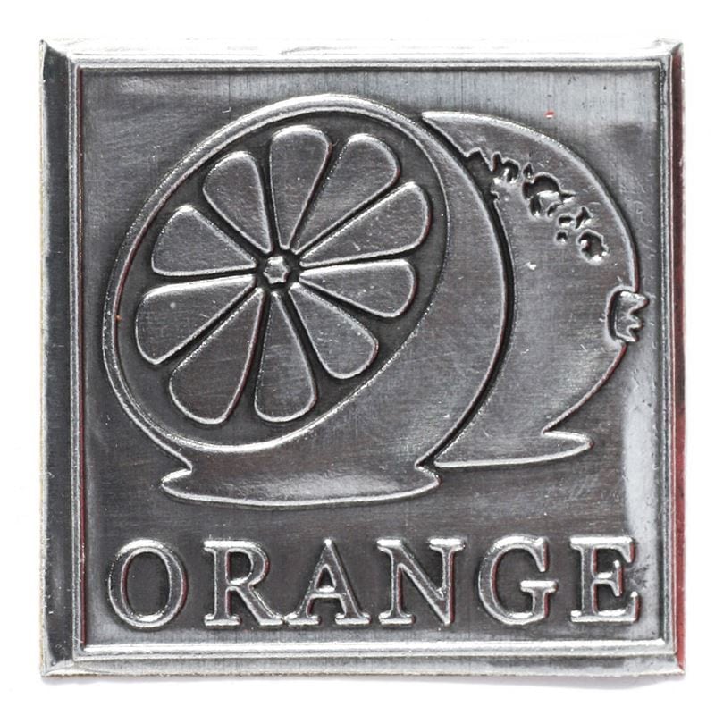 Etichetă de cositor „Portocaliu”, pătrată, metal, argintiu