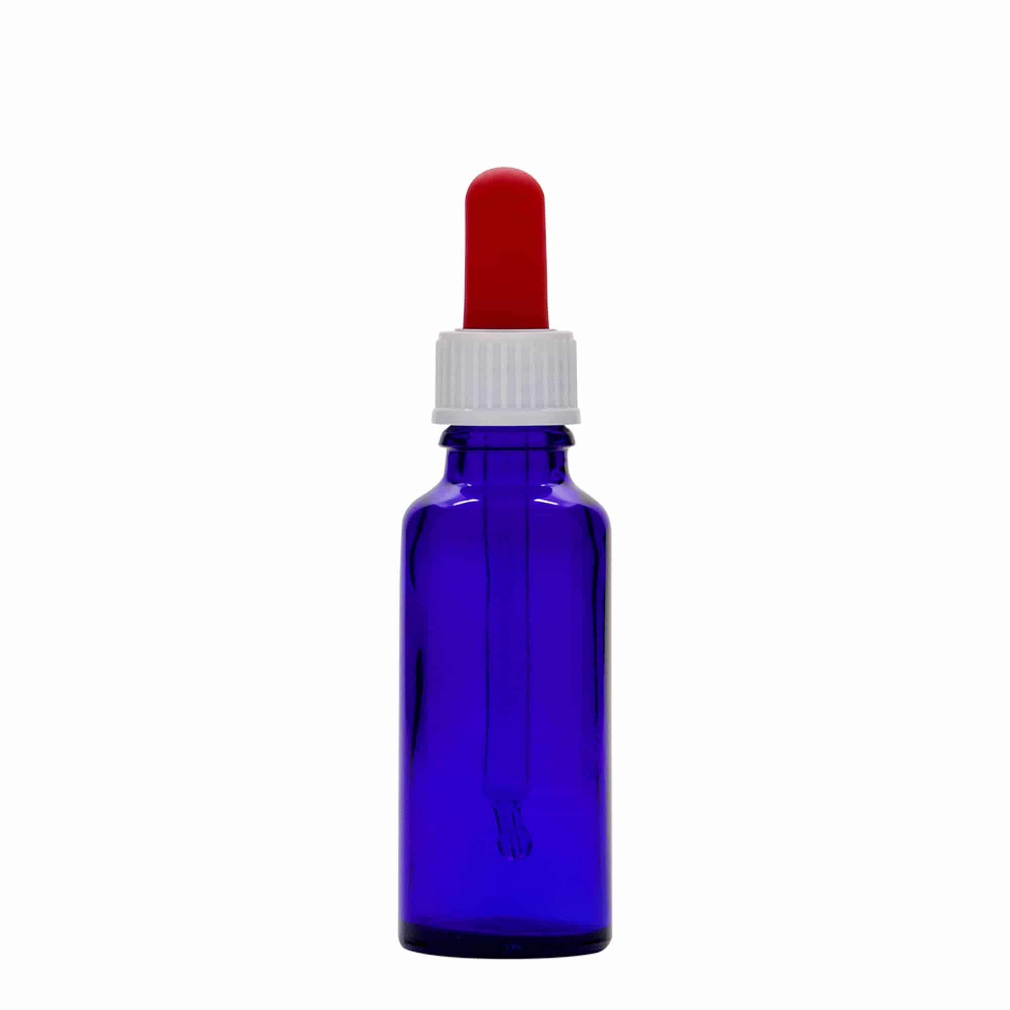 30 ml sticlă cu picurător, medicală, sticlă, albastru regal-roșu, gura: DIN 18