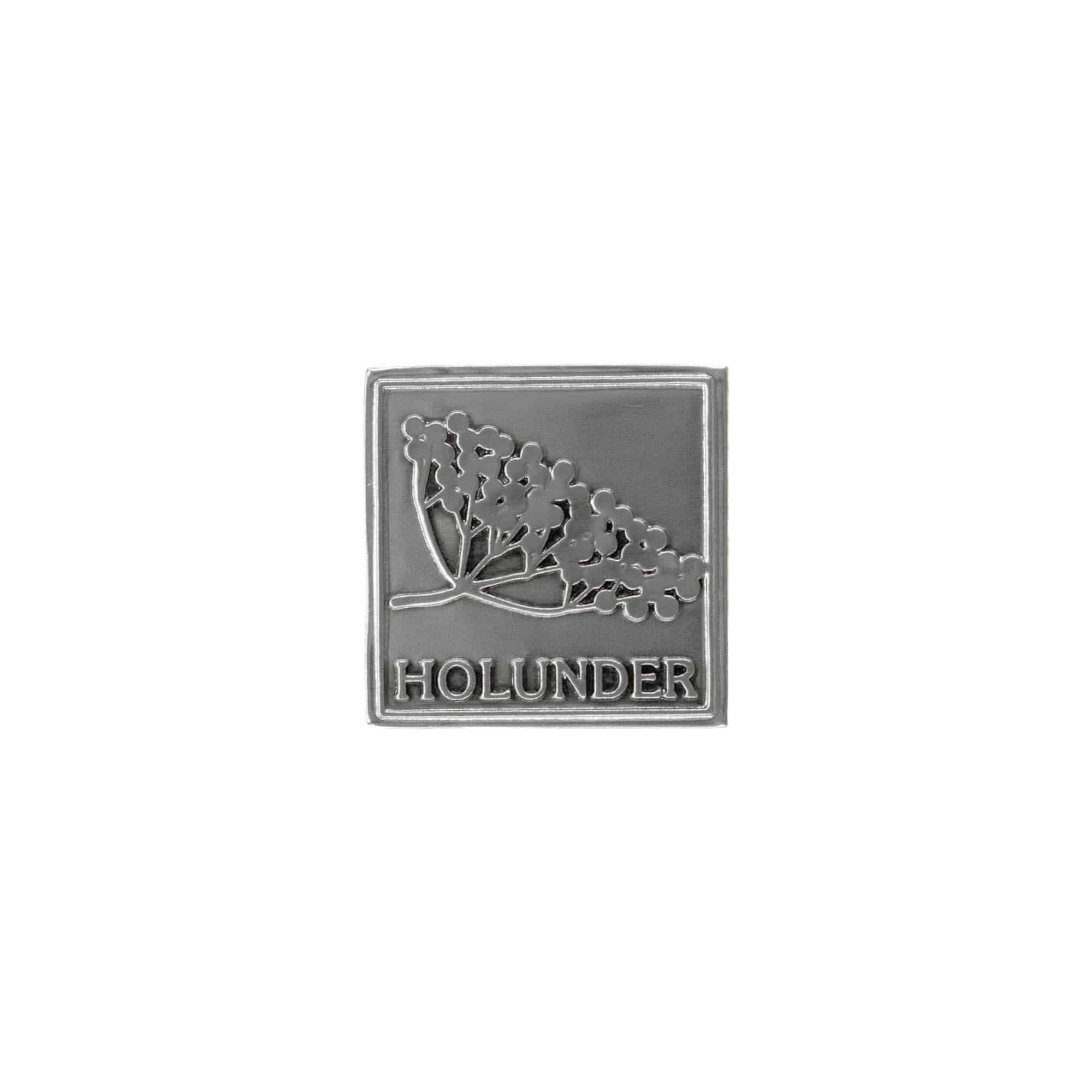 Etichetă de cositor „Holunder”, pătrată, metal, argintiu