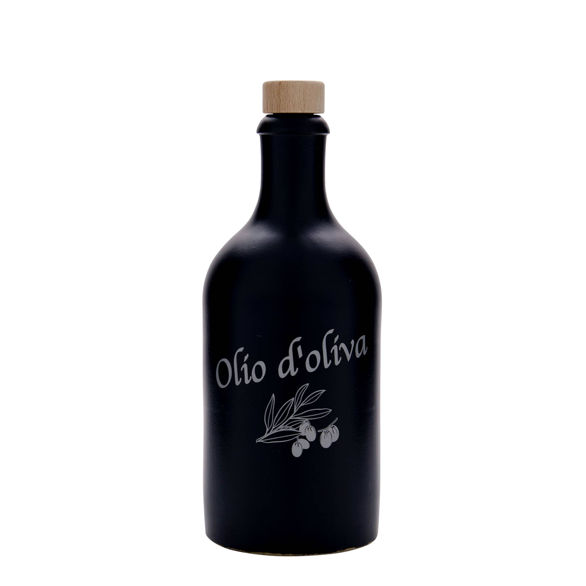 500 ml ulcior de lut, motiv: ulei de măsline, ceramică, negru, gură: dop de plută