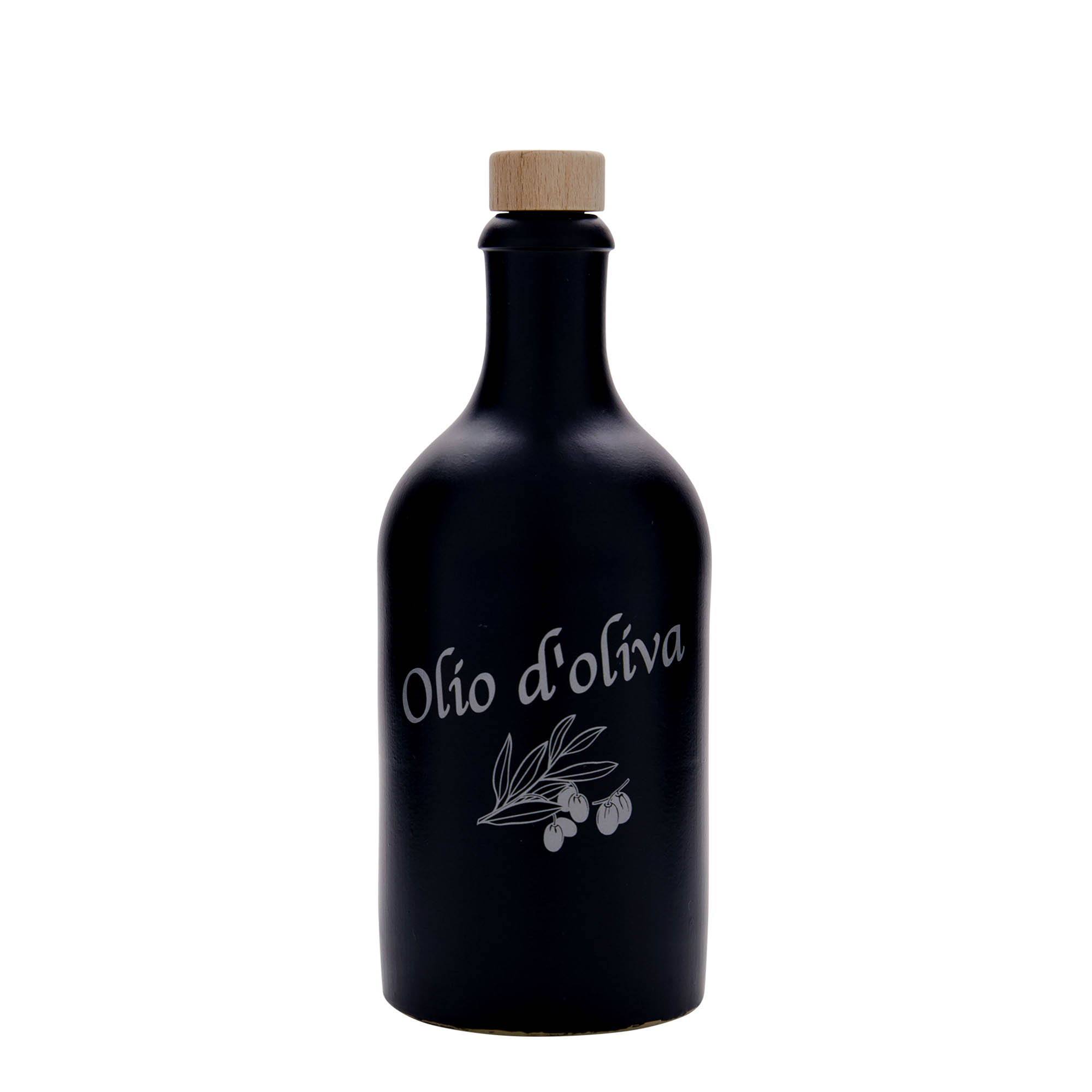 500 ml ulcior de lut, motiv: ulei de măsline, ceramică, negru, gură: dop de plută