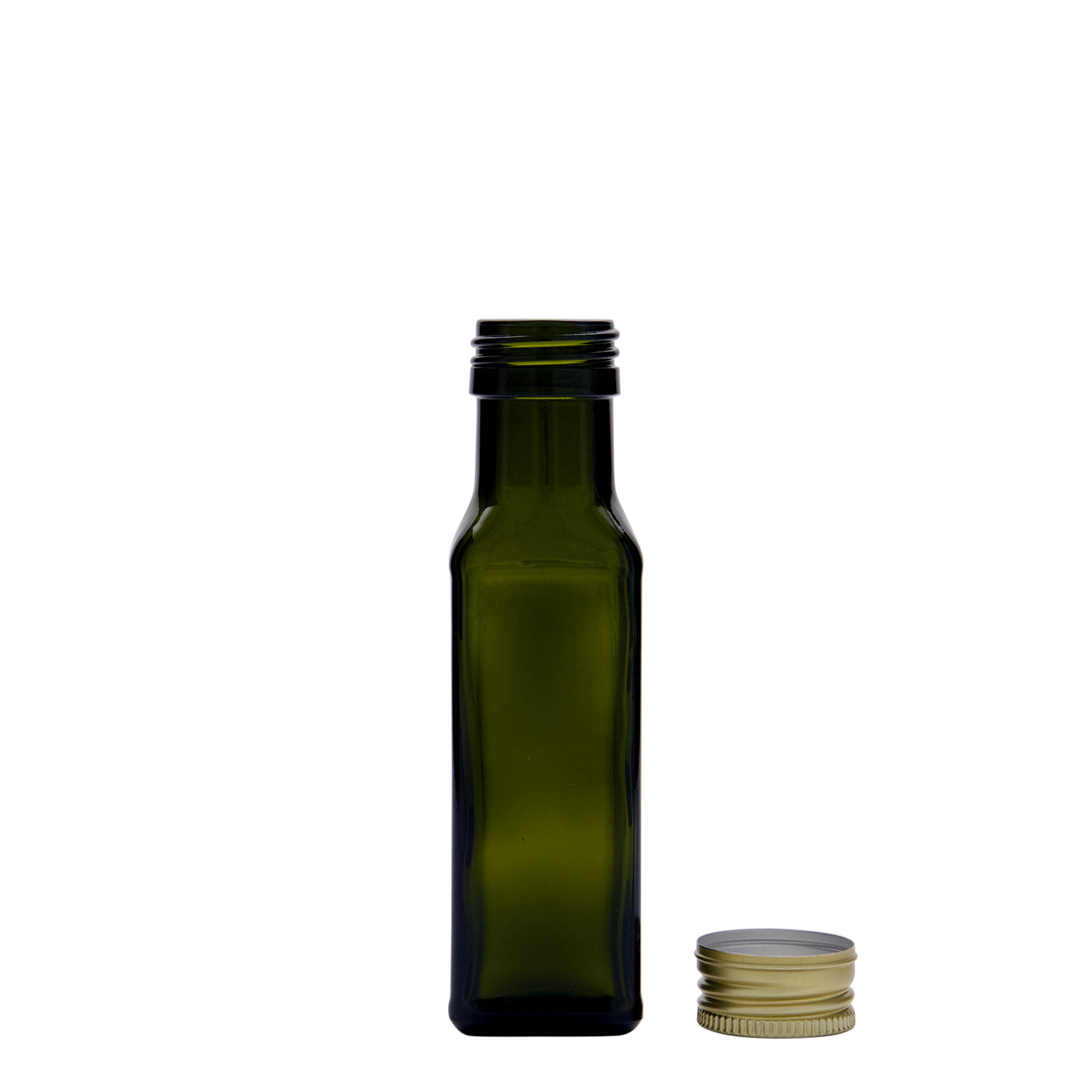 Sticlă de sticlă de 100 ml „Marasca”, pătrată, verde antic, gura: PP 31,5 Sticlă de sticlă de 100 ml „Marasca”, pătrată, verde antic, gura: PP 31,5
