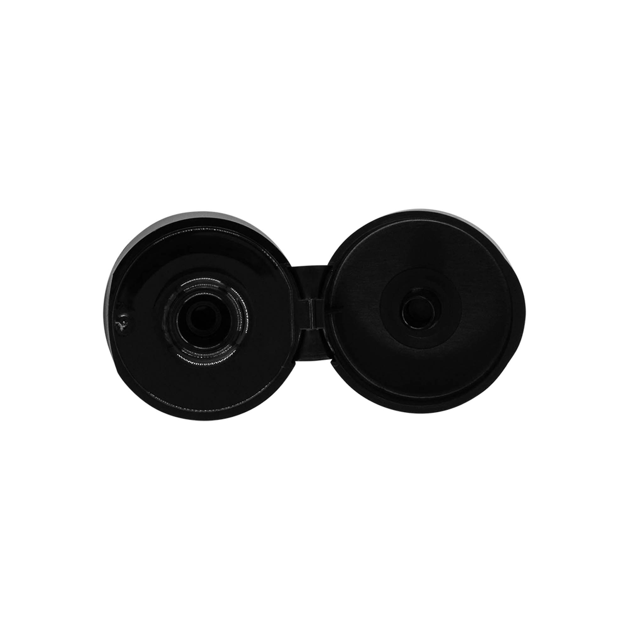 Capac cu filet, balama pliabilă, plastic PP, negru, pentru deschidere: 24/410 Capac cu filet, balama pliabilă, plastic PP, negru, pentru deschidere: 24/410