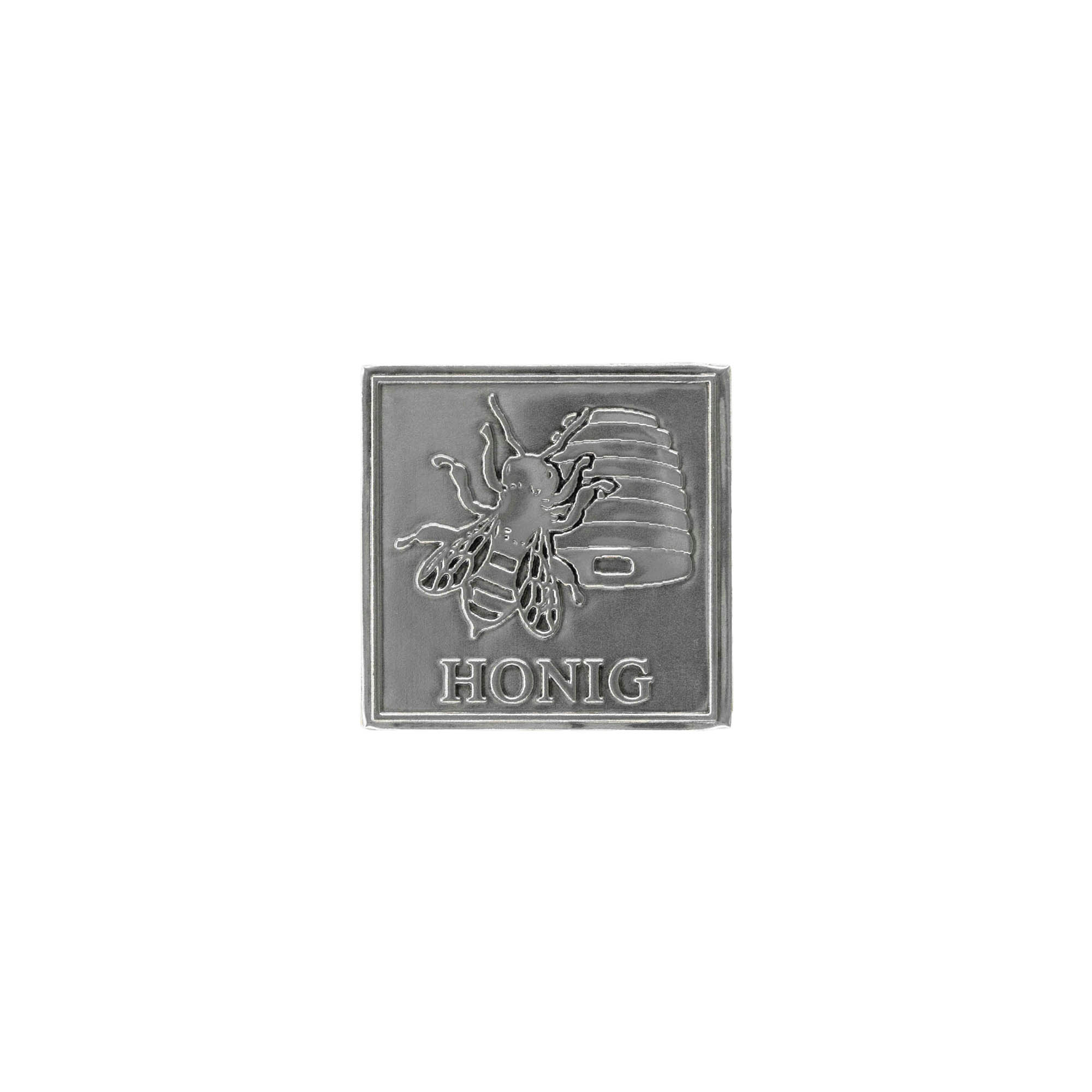 Etichetă de staniu „Miere”, pătrată, metal, argintiu Etichetă de staniu „Miere”, pătrată, metal, argintiu