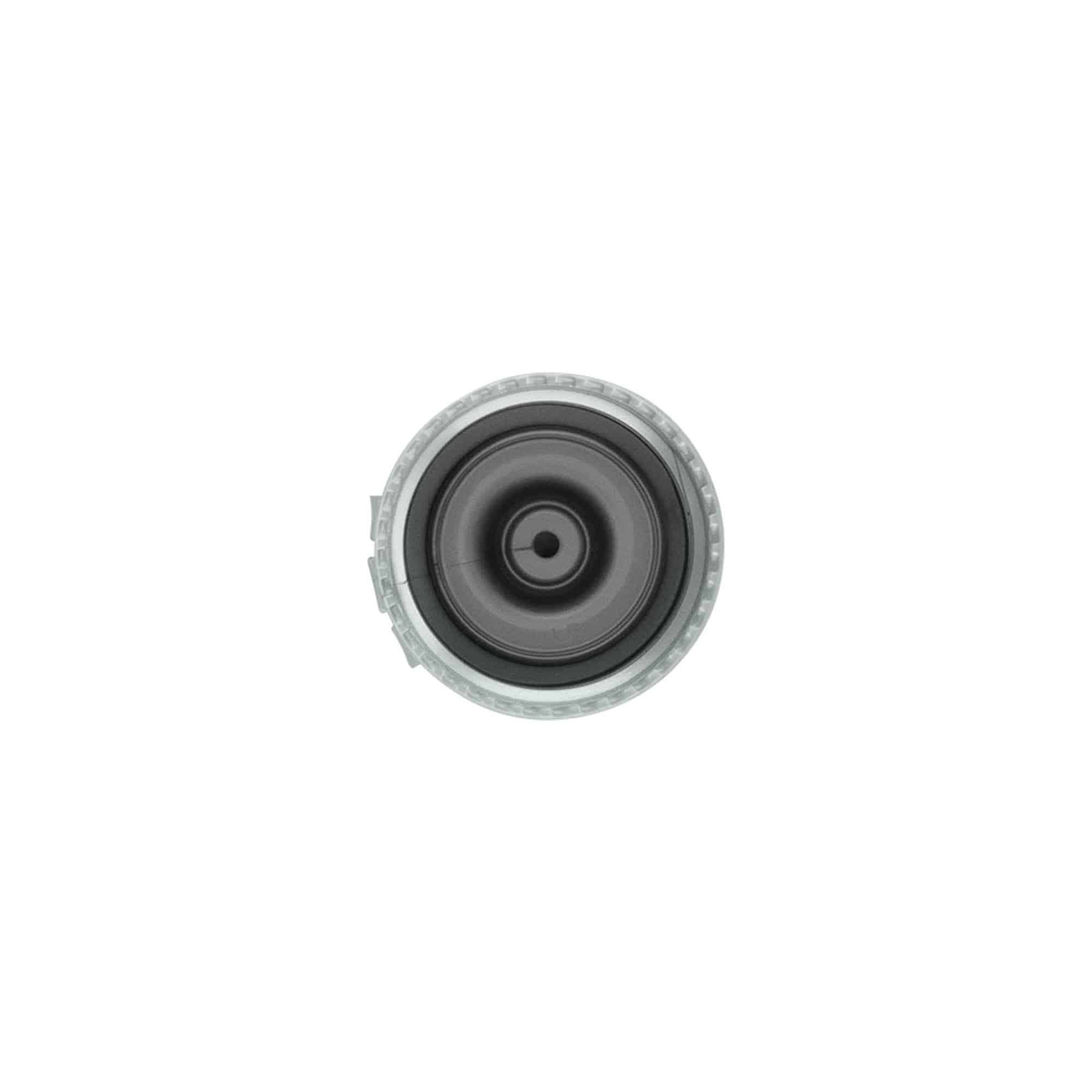 Capac cu filet și balama rabatabilă, plastic PP, argintiu, pentru gura: 24/410