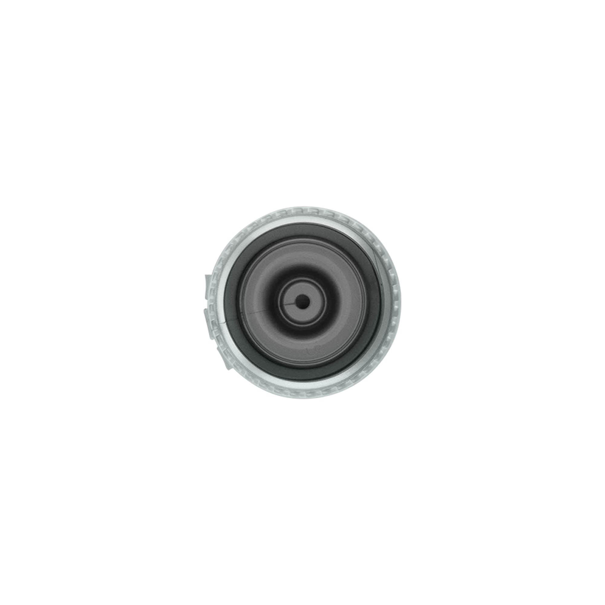 Capac cu filet și balama rabatabilă, plastic PP, argintiu, pentru gura: 24/410 Capac cu filet și balama rabatabilă, plastic PP, argintiu, pentru gura: 24/410