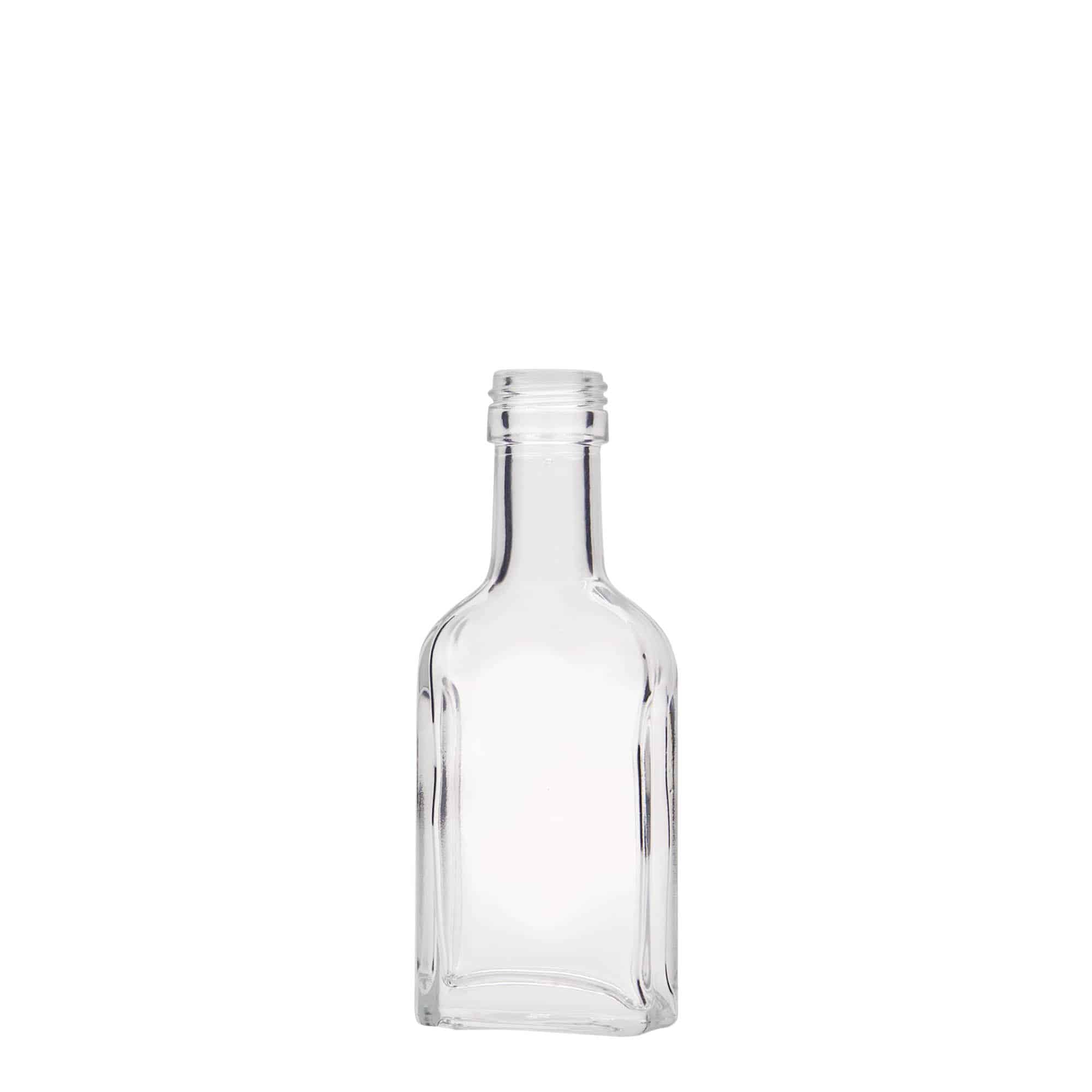 Sticluță de buzunar 40 ml, gât lung, dreptunghiulară, sticlă, gură: PP 22