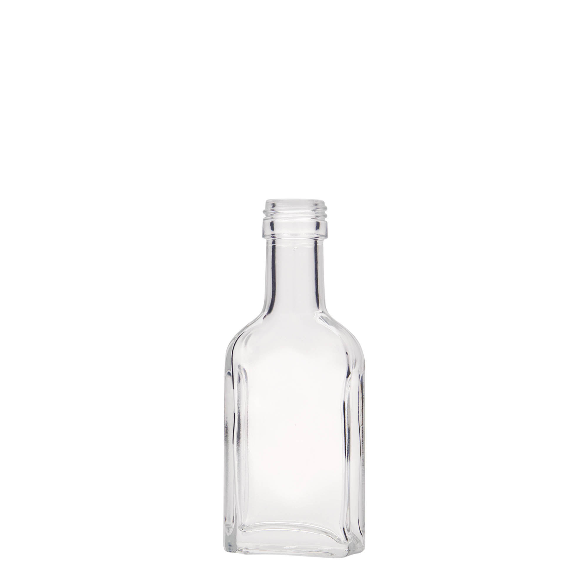 Sticluță de buzunar 40 ml, gât lung, dreptunghiulară, sticlă, gură: PP 22