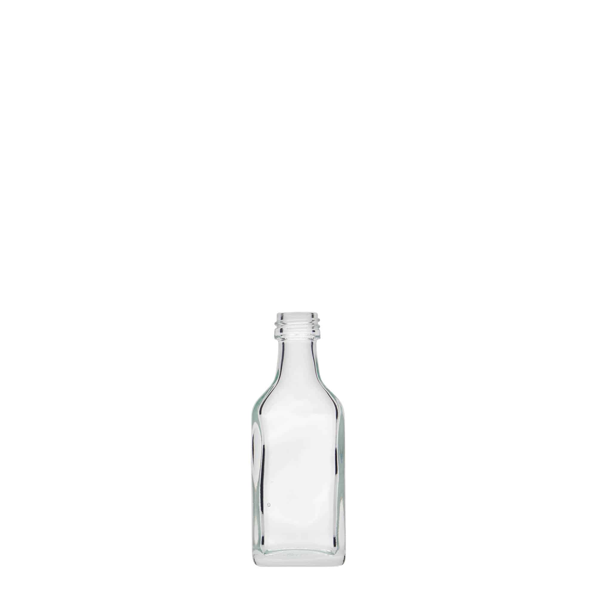 Sticluță de buzunar de 20 ml, dreptunghiulară, sticlă, gura: PP 18