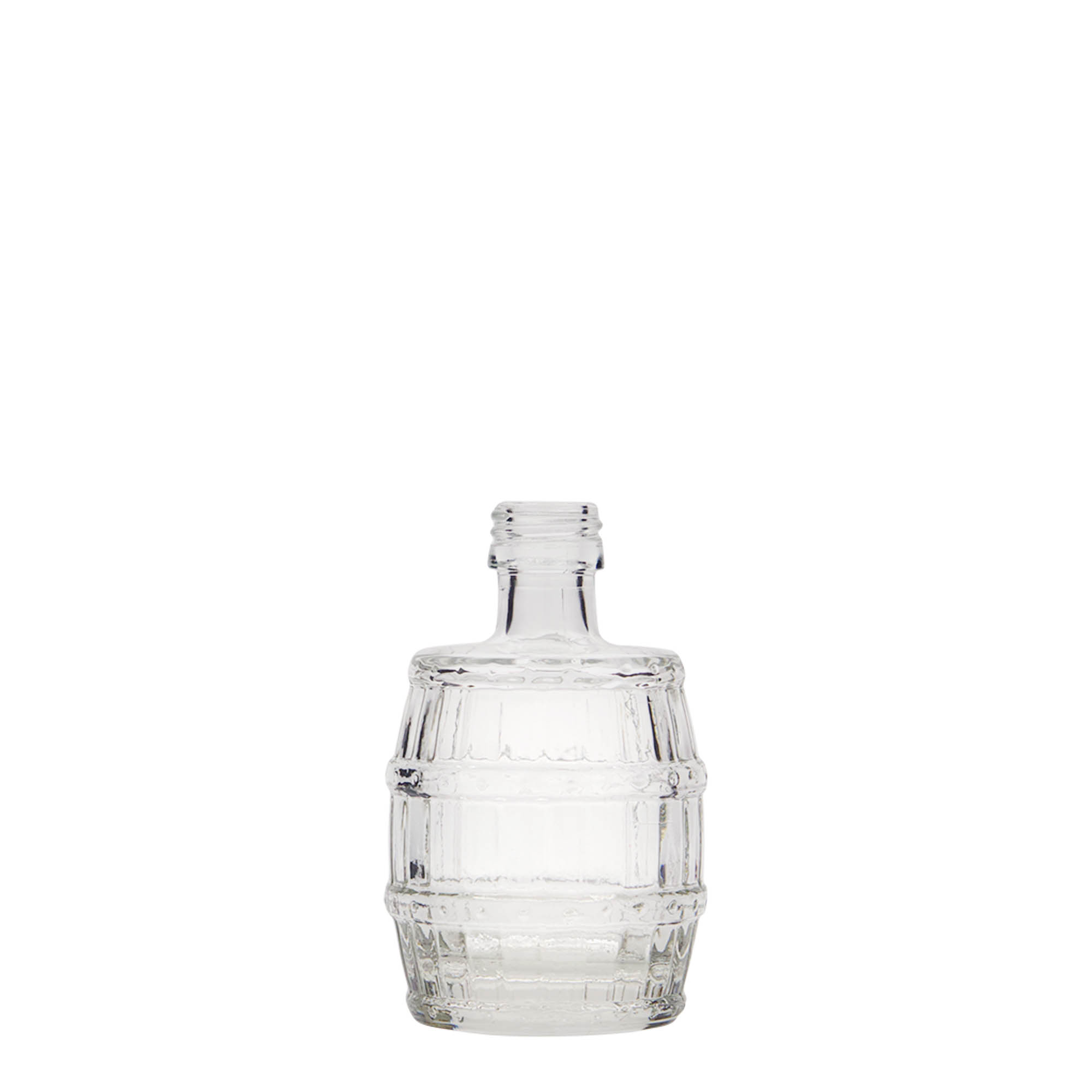 Sticlă de sticlă de 50 ml „butoi”, gura: PP 18 Sticlă de sticlă de 50 ml „butoi”, gura: PP 18