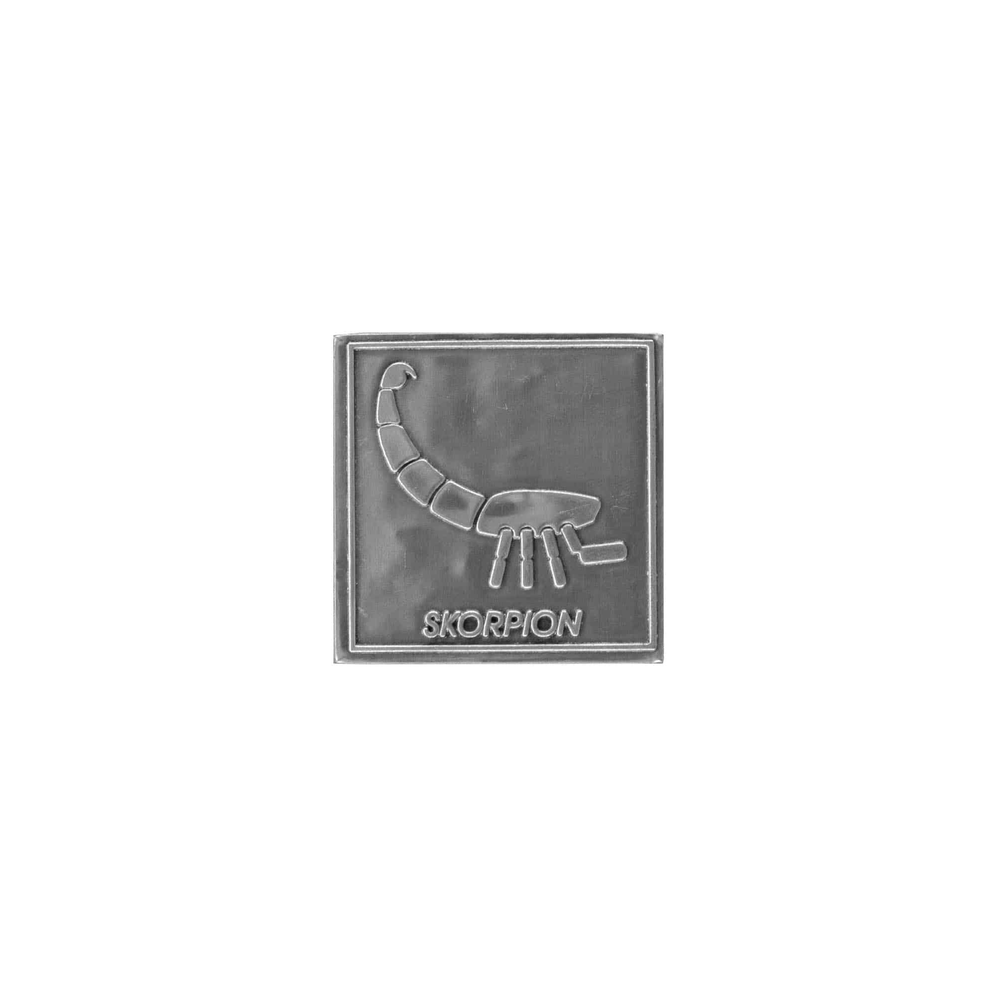 Etichetă de cositor „Scorpion”, pătrată, metal, argintiu